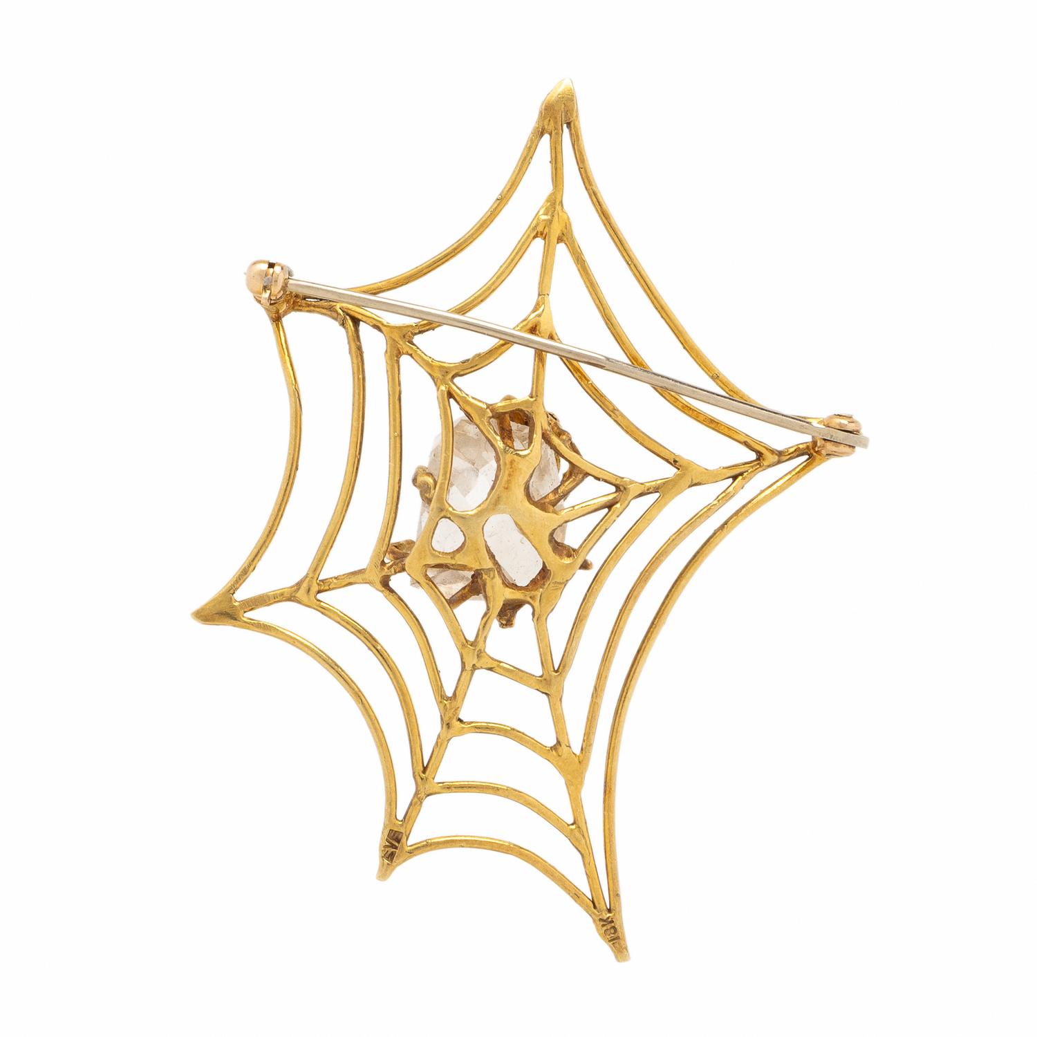 Quartz and Yellow Gold Spiderweb Brooch