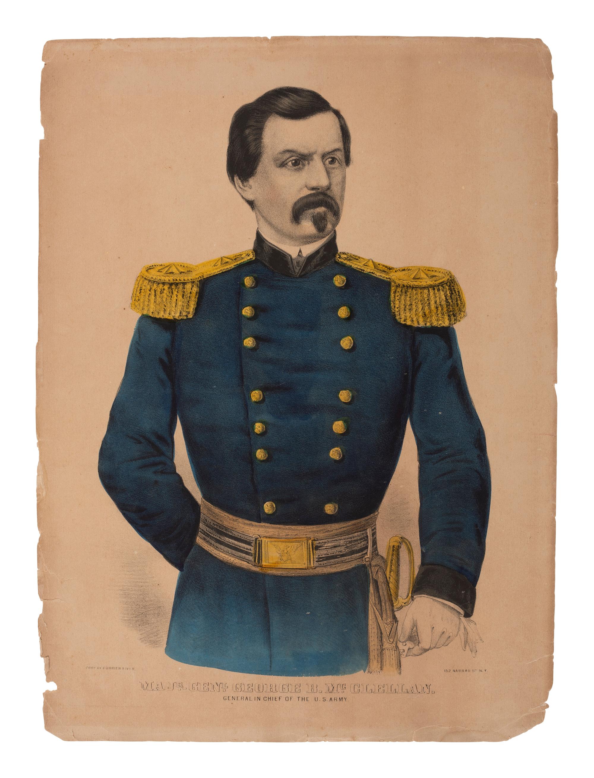 [POLITICS]. 2 prints featuring George McClellan, incl. How Columbia Receives McClellan's Salutation from the Chicago Platform . [New York: 1864].