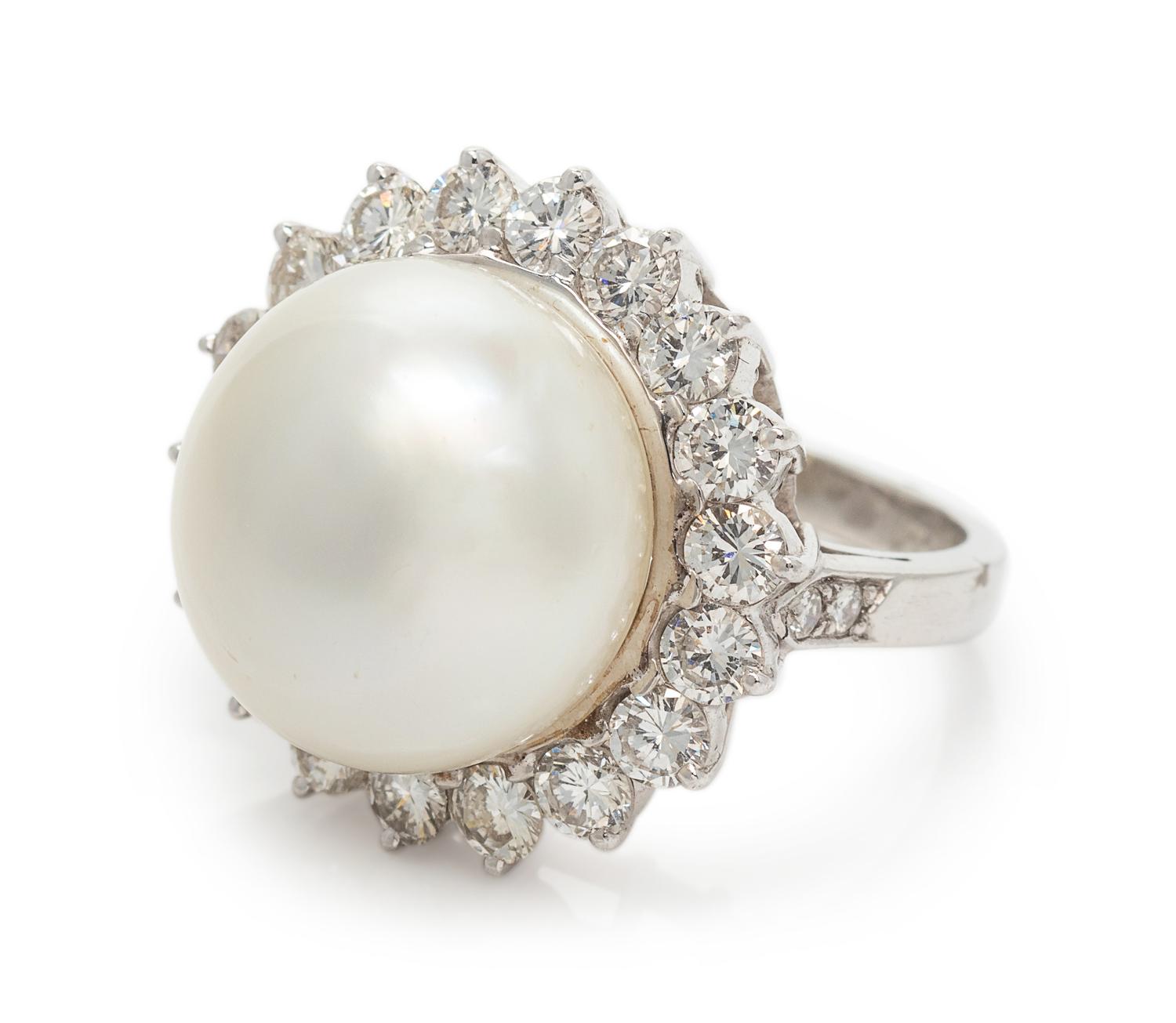 A Platinum, Cultured South Sea Pearl and Diamond Ring,