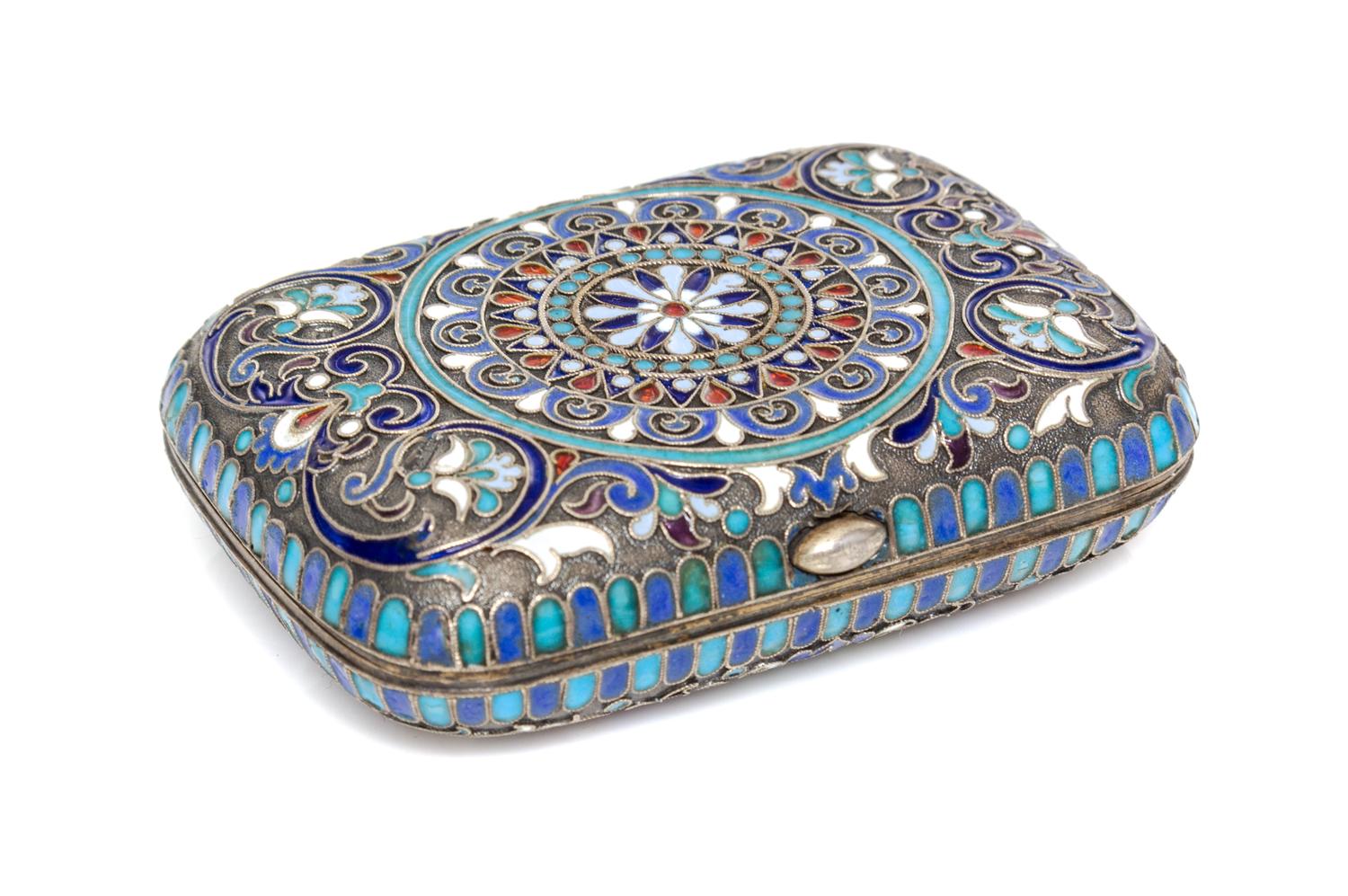 A Russian Enameled Silver Change Purse, Moscow, late 19th Century, of rectangular form with geometric and stylized foliate decoration,