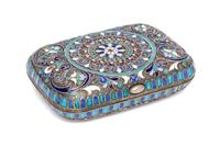 A Russian Enameled Silver Change Purse, Moscow, late 19th Century, of rectangular form with geometric and stylized foliate decoration,