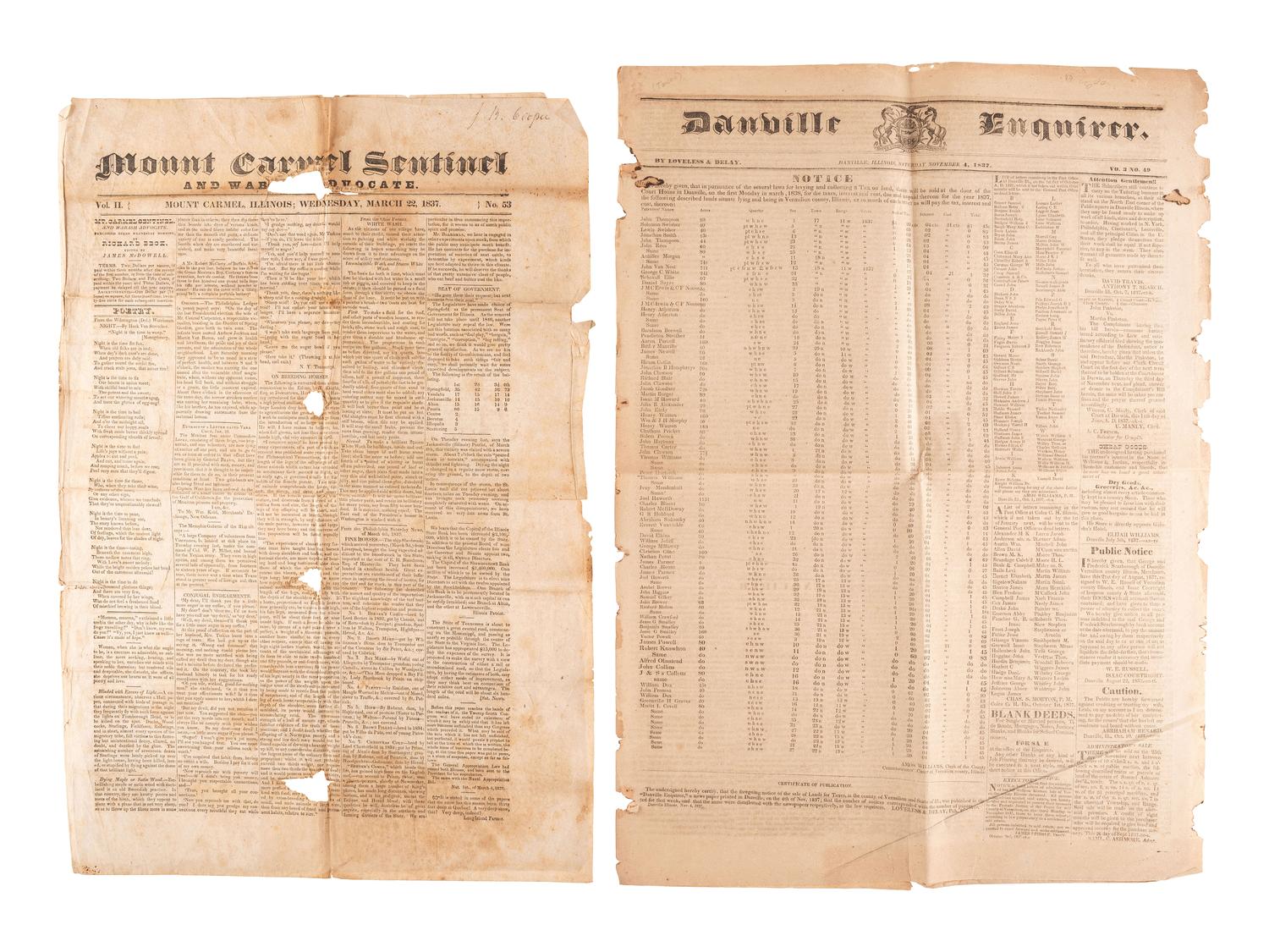 [NEWSPAPERS] -- [ILLINOIS & OHIO]. A group of 7 newspapers reporting on land dealings, politics, notices for runaways, and other matters of the 1820s-1830s, including: