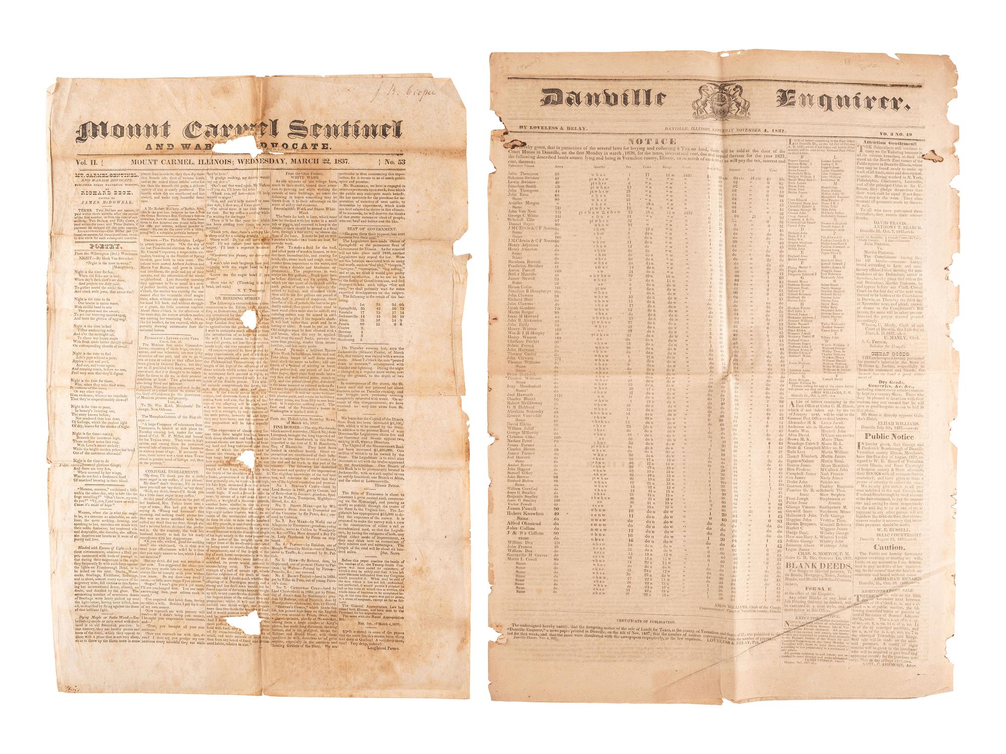 [NEWSPAPERS] -- [ILLINOIS & OHIO]. A group of 7 newspapers reporting on land dealings, politics, notices for runaways, and other matters of the 1820s-1830s, including: