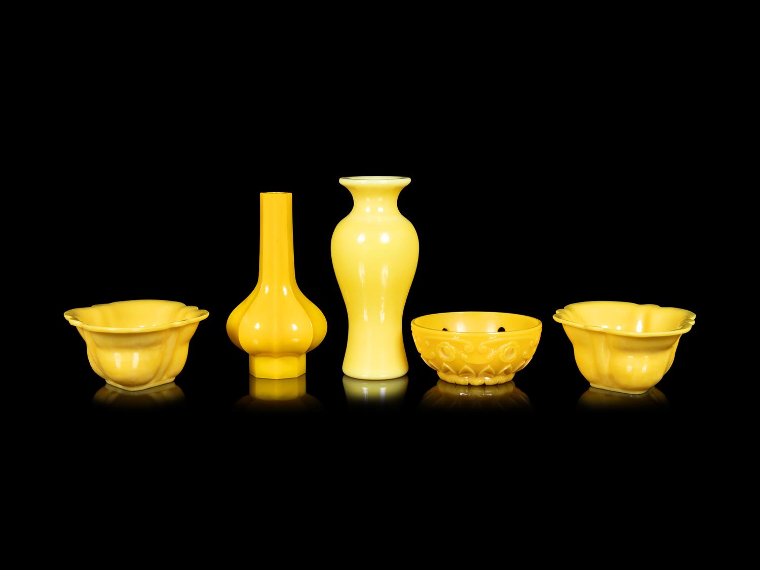 Five Chinese Opaque and Semi-Opaque Yellow Glass Articles