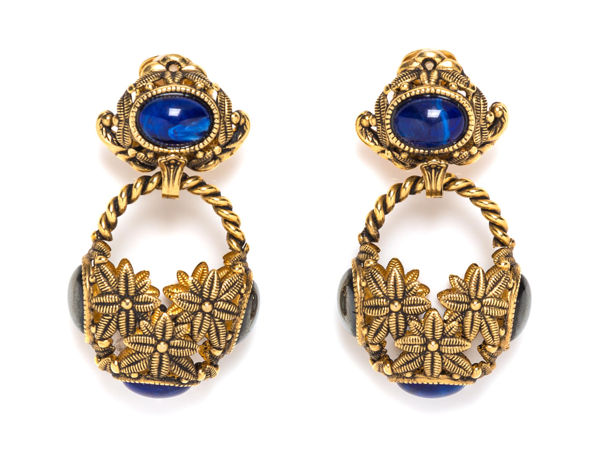 A Pair of Multicolor Stone and Basket Earclips, 2.75" x 1.5".
