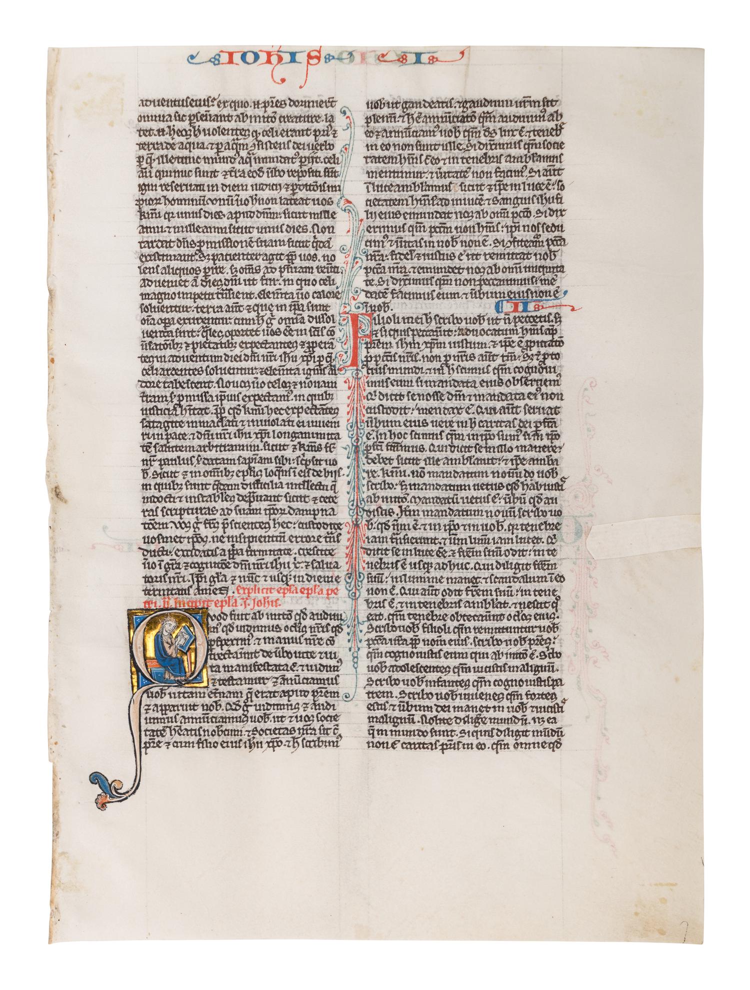 VIE DE SAINT DENIS ATELIER (active Paris, c. 1240-1270) A leaf from a Bible, with a historiated initial ‘Q’ of St. John writing, in Latin, illuminated manuscript on parchment [France, c. 1250-1270]