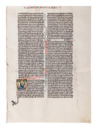 VIE DE SAINT DENIS ATELIER (active Paris, c. 1240-1270) A leaf from a Bible, with a historiated initial ‘Q’ of St. John writing, in Latin, illuminated manuscript on parchment [France, c. 1250-1270]