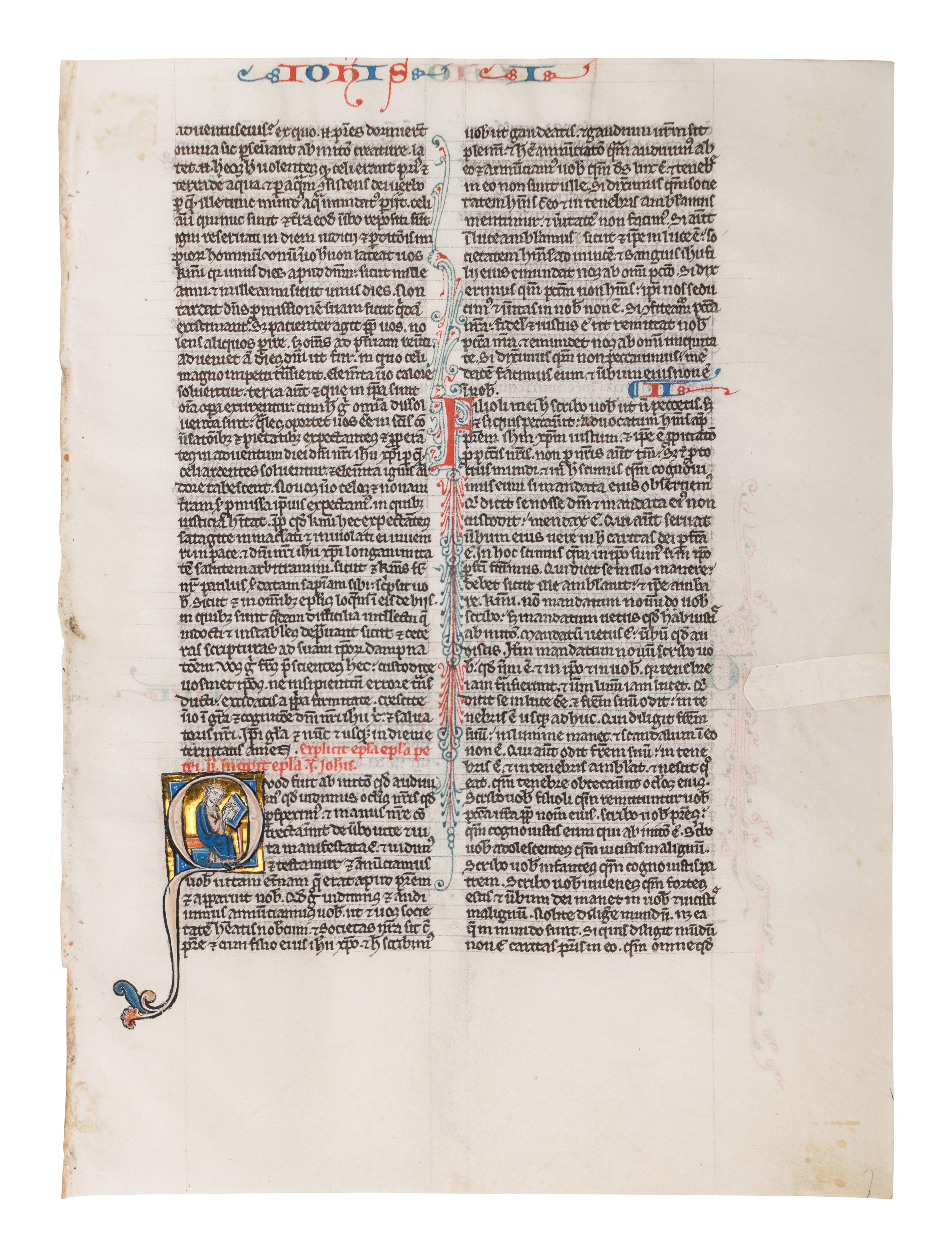 VIE DE SAINT DENIS ATELIER (active Paris, c. 1240-1270) A leaf from a Bible, with a historiated initial ‘Q’ of St. John writing, in Latin, illuminated manuscript on parchment [France, c. 1250-1270]