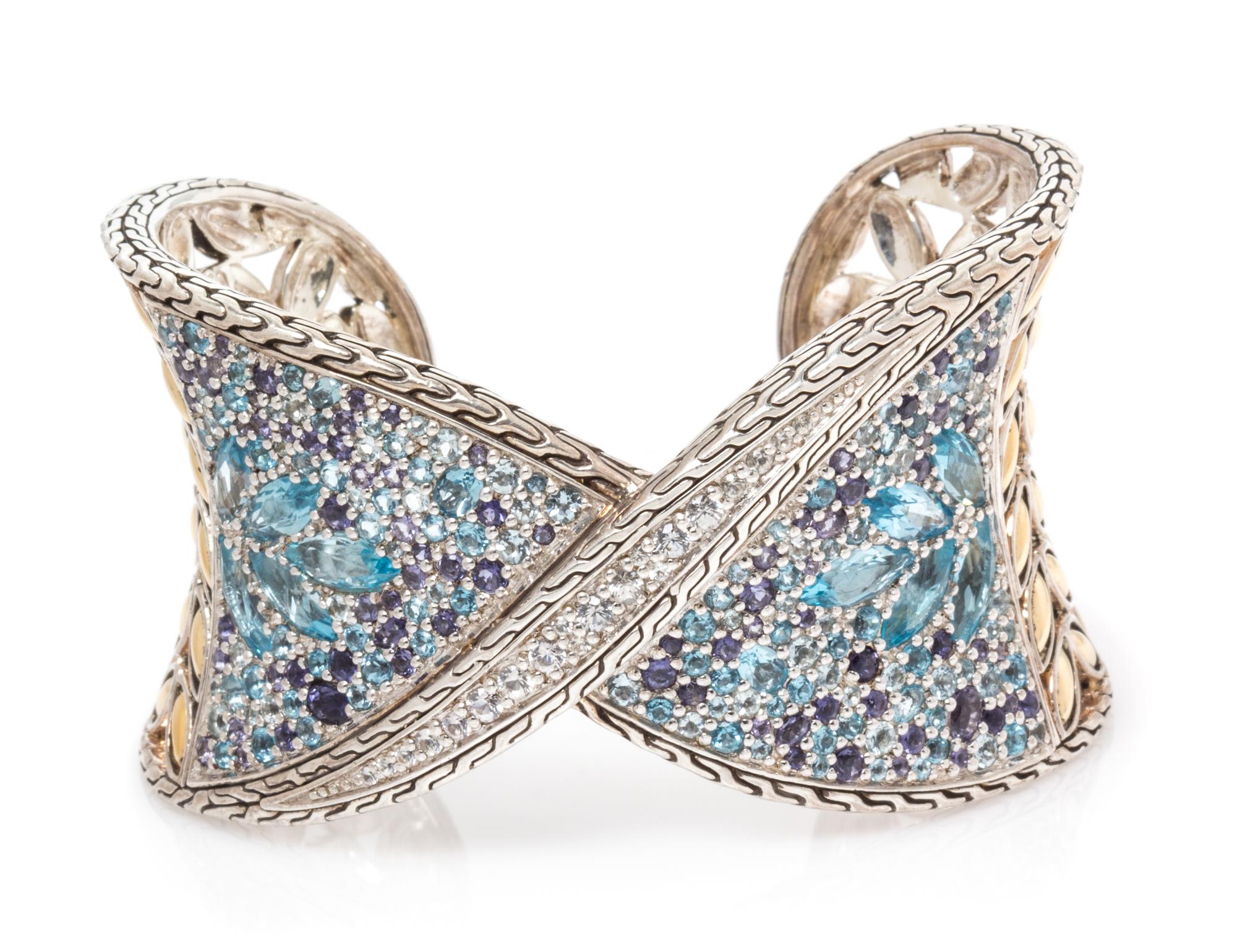 A Sterling Silver, 18 Karat Yellow Gold, Blue Topaz, Iolite and White Sapphire 'Batu Kawung' Sunset Bracelet, John Hardy, 59.70 dwts.