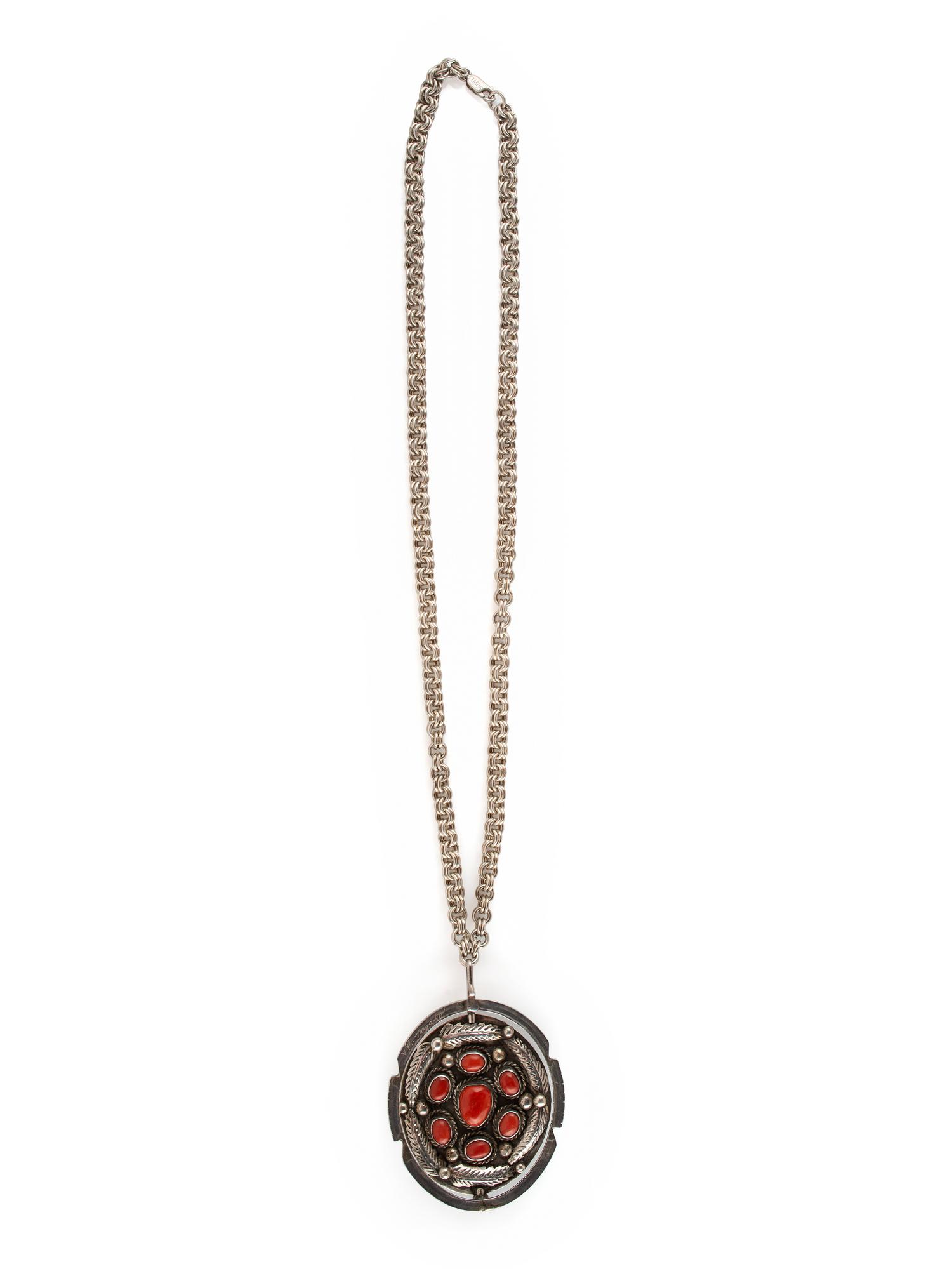 Navajo Reversible Silver Pendant, with Coral and Turquoise
