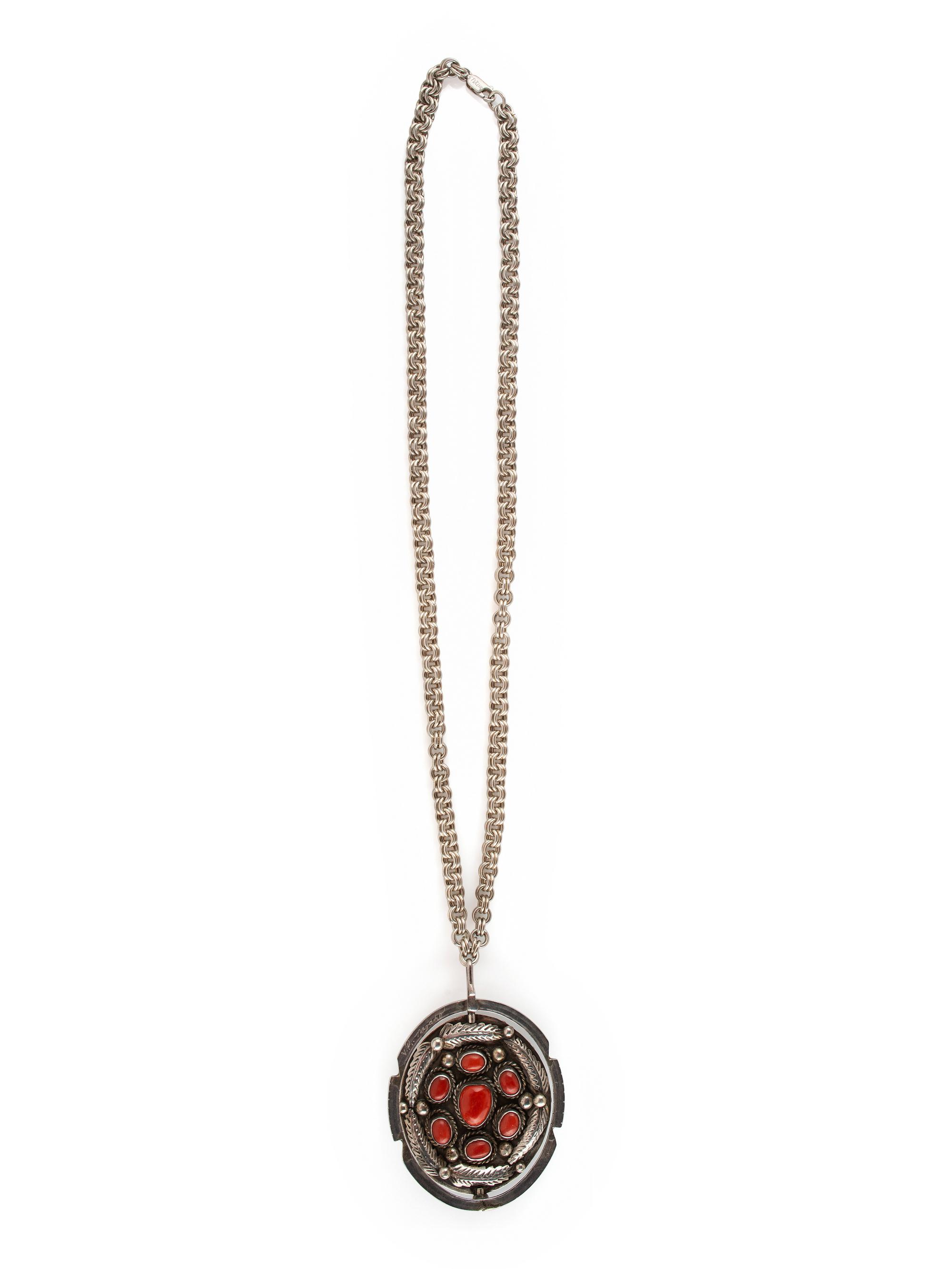 Navajo Reversible Silver Pendant, with Coral and Turquoise