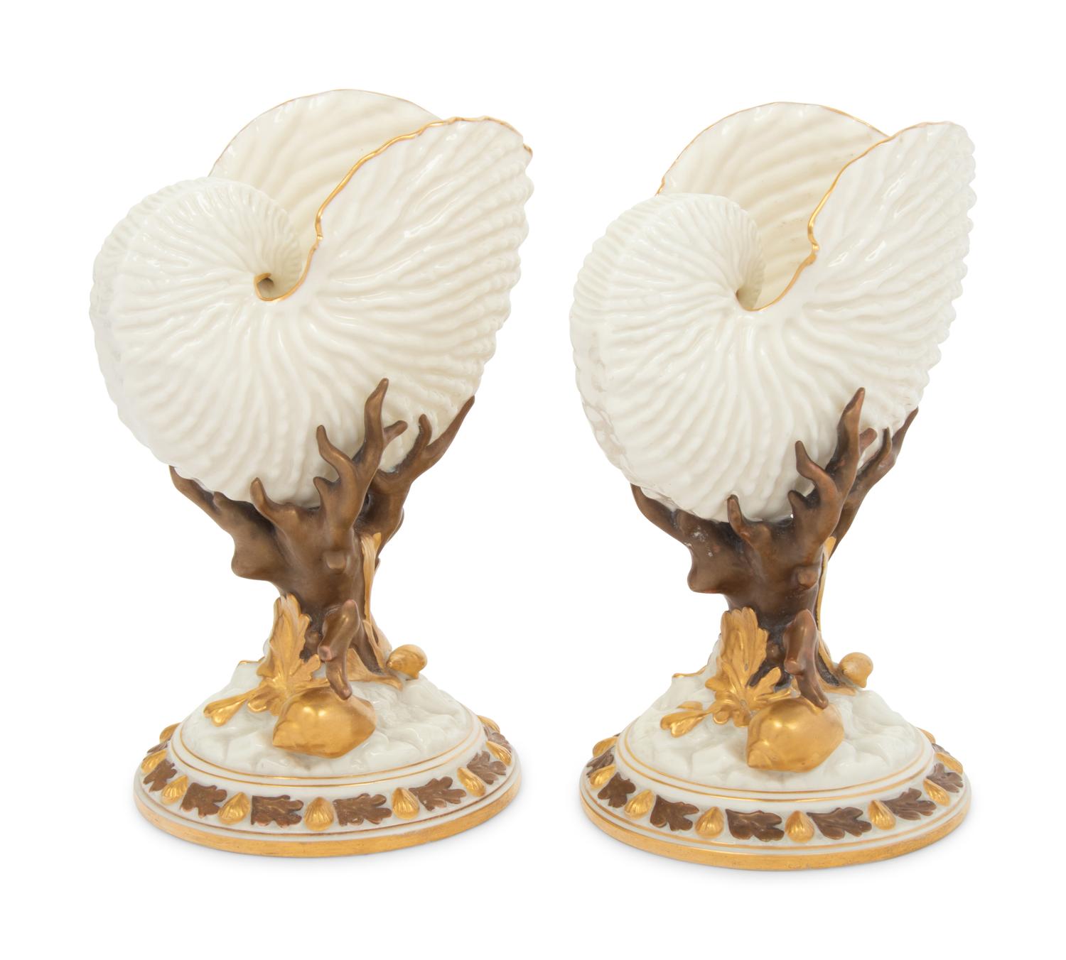 A Pair of Royal Worcester Porcelain Nautilus-Form Ornaments