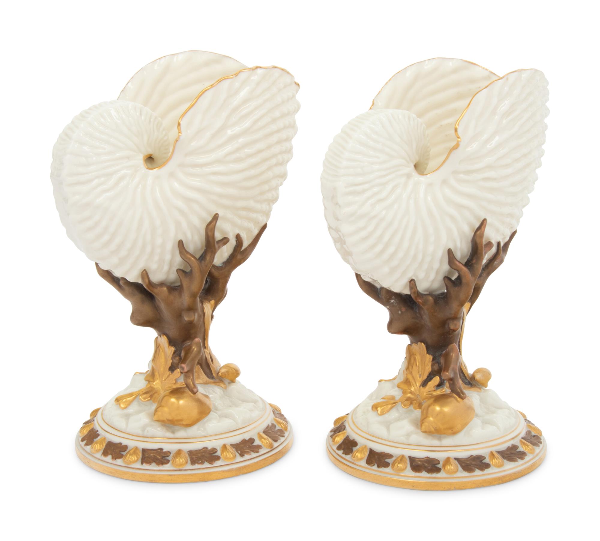 A Pair of Royal Worcester Porcelain Nautilus-Form Ornaments