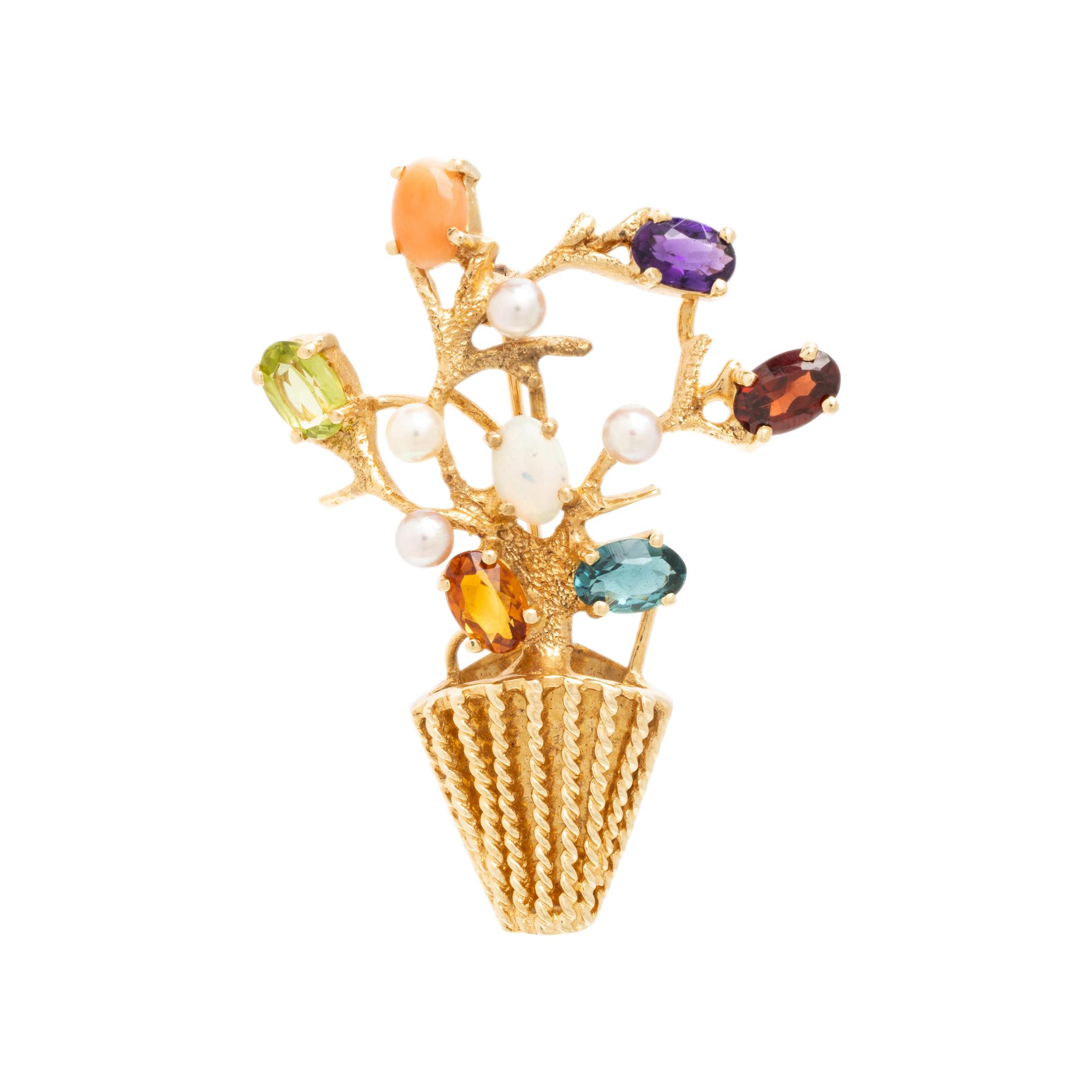 Multigem and Yellow Gold Flower Pot Brooch