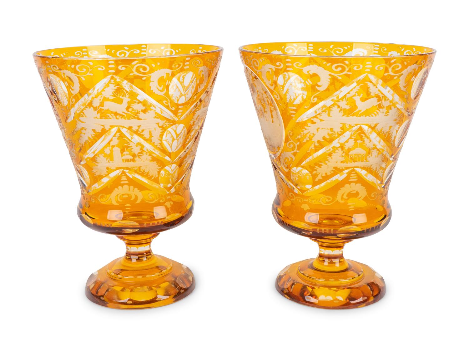 A Pair of Bohemian Amber Cut-to-Clear Footed Vases — 19TH/20TH CENTURY