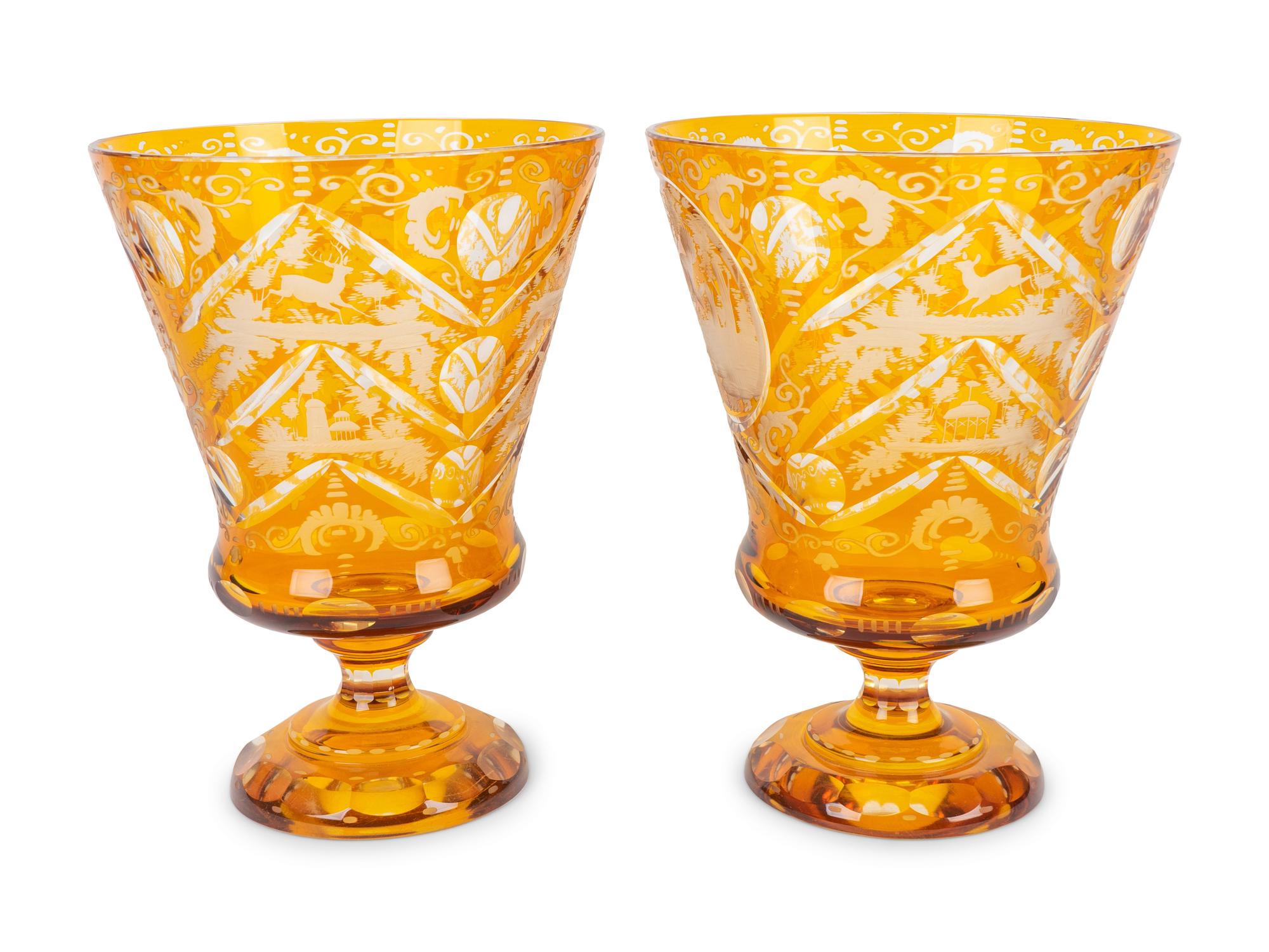 A Pair of Bohemian Amber Cut-to-Clear Footed Vases — 19TH/20TH CENTURY