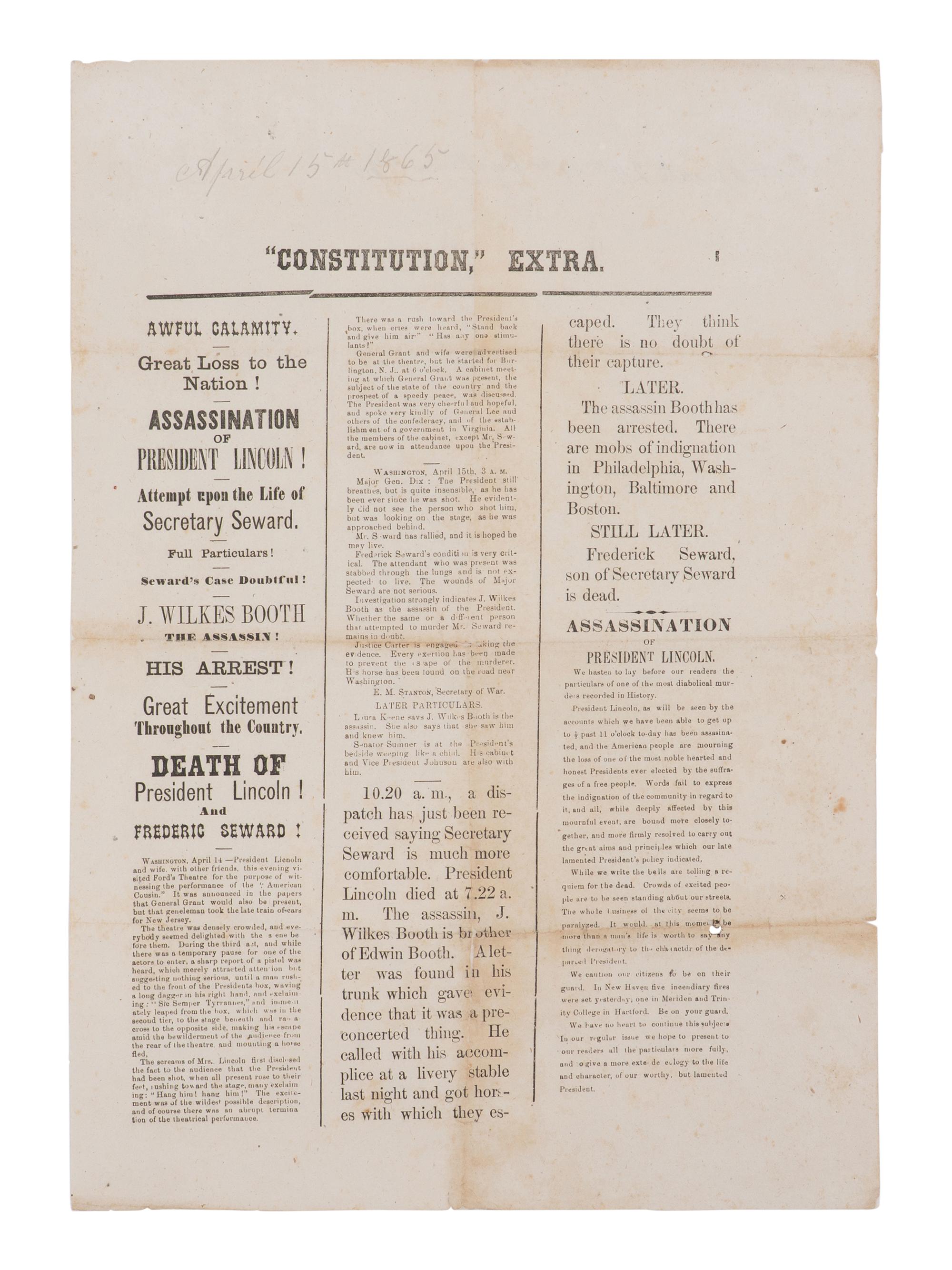 [LINCOLN ASSASSINATION]. "Constitution" Extra. [Middletown, CT]: Daily Constitution, 15 April 1865.