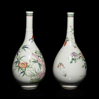 A Pair of Chinese Famille Rose Porcelain 'Peony and Bird' Bottle Vases, 20th Century — 近代 粉彩花鳥圖膽瓶一對