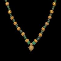 A Greek Gold, Emerald, and Glass Necklace with an Amphora-Shaped Pendant