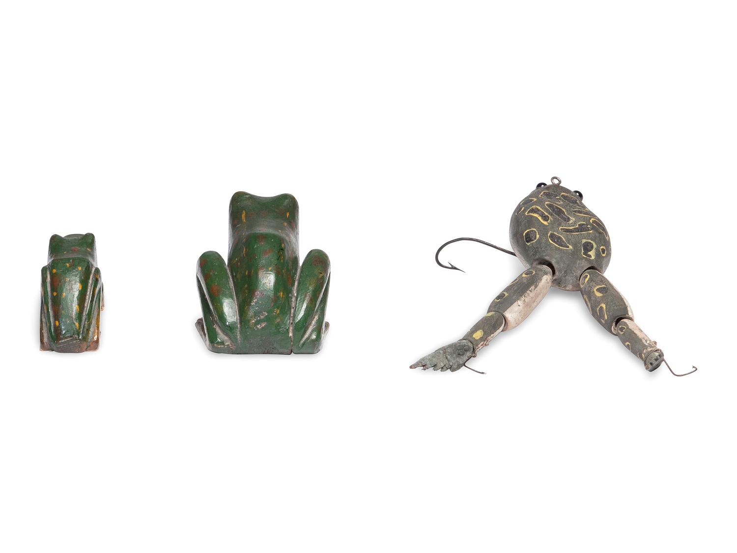 Three Folk Art Carved and Painted Wood Frogs