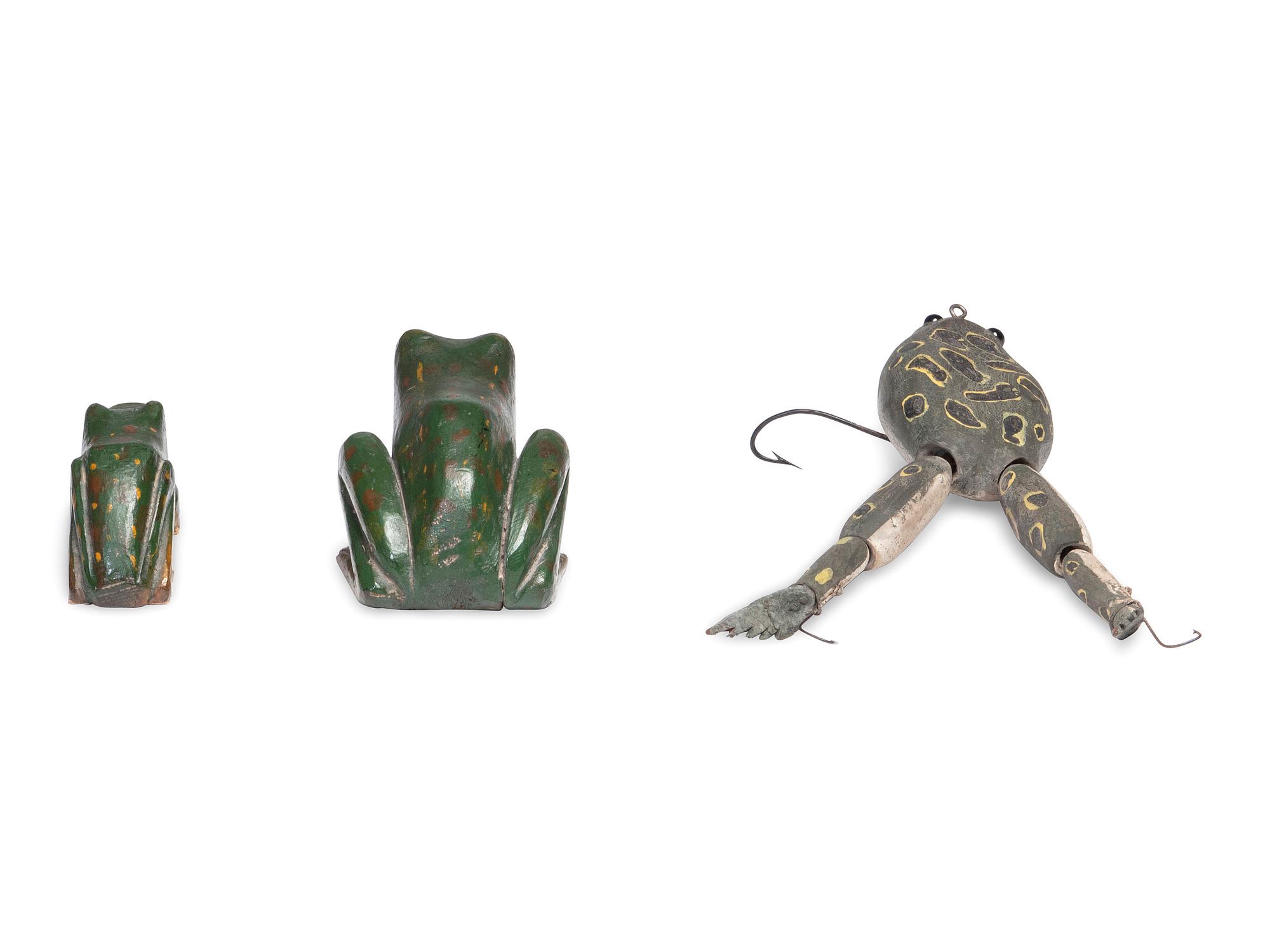 Three Folk Art Carved and Painted Wood Frogs