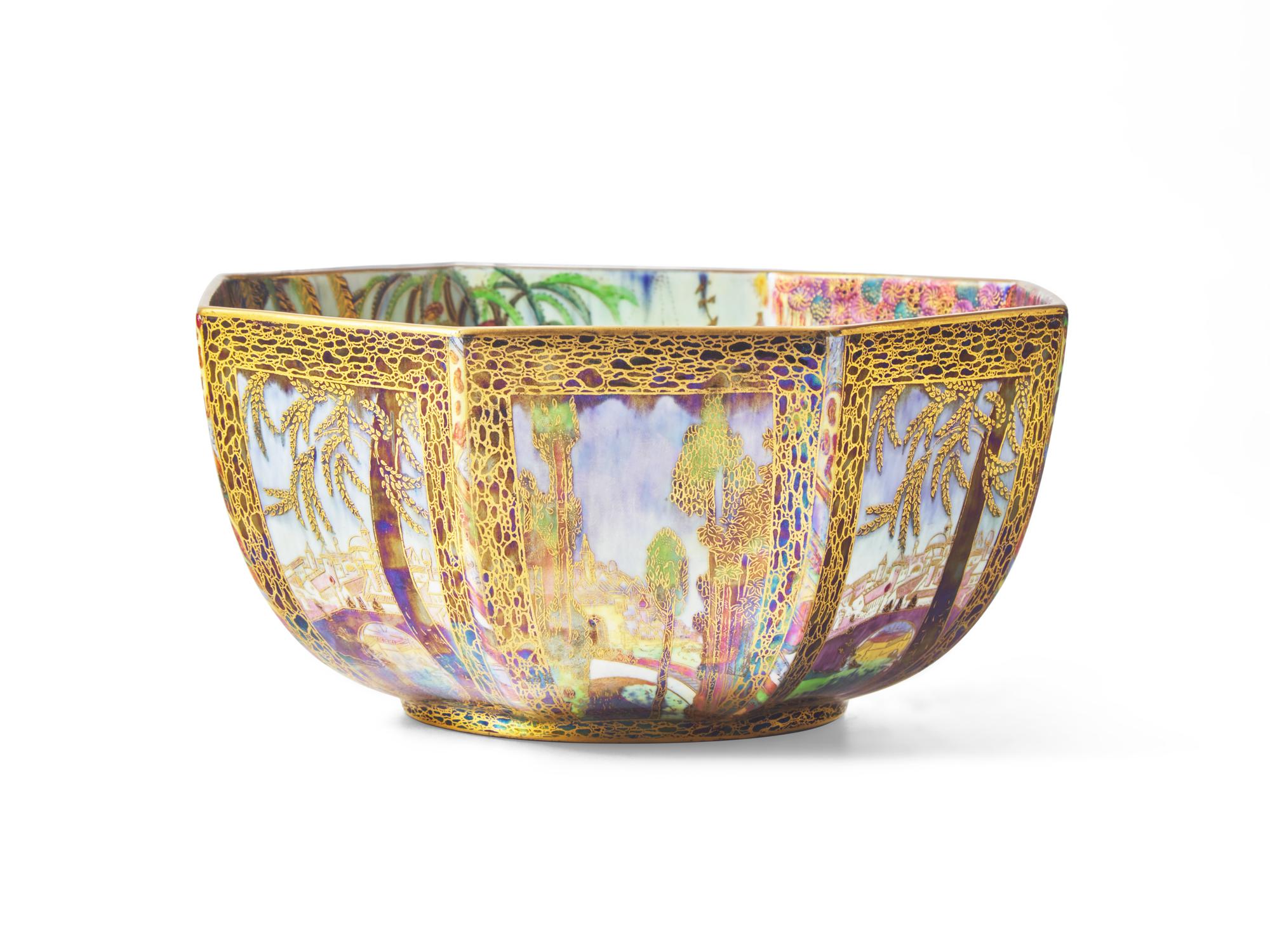 A Wedgwood Fairyland Lustreware 'Castle on a Road' Octagonal Bowl