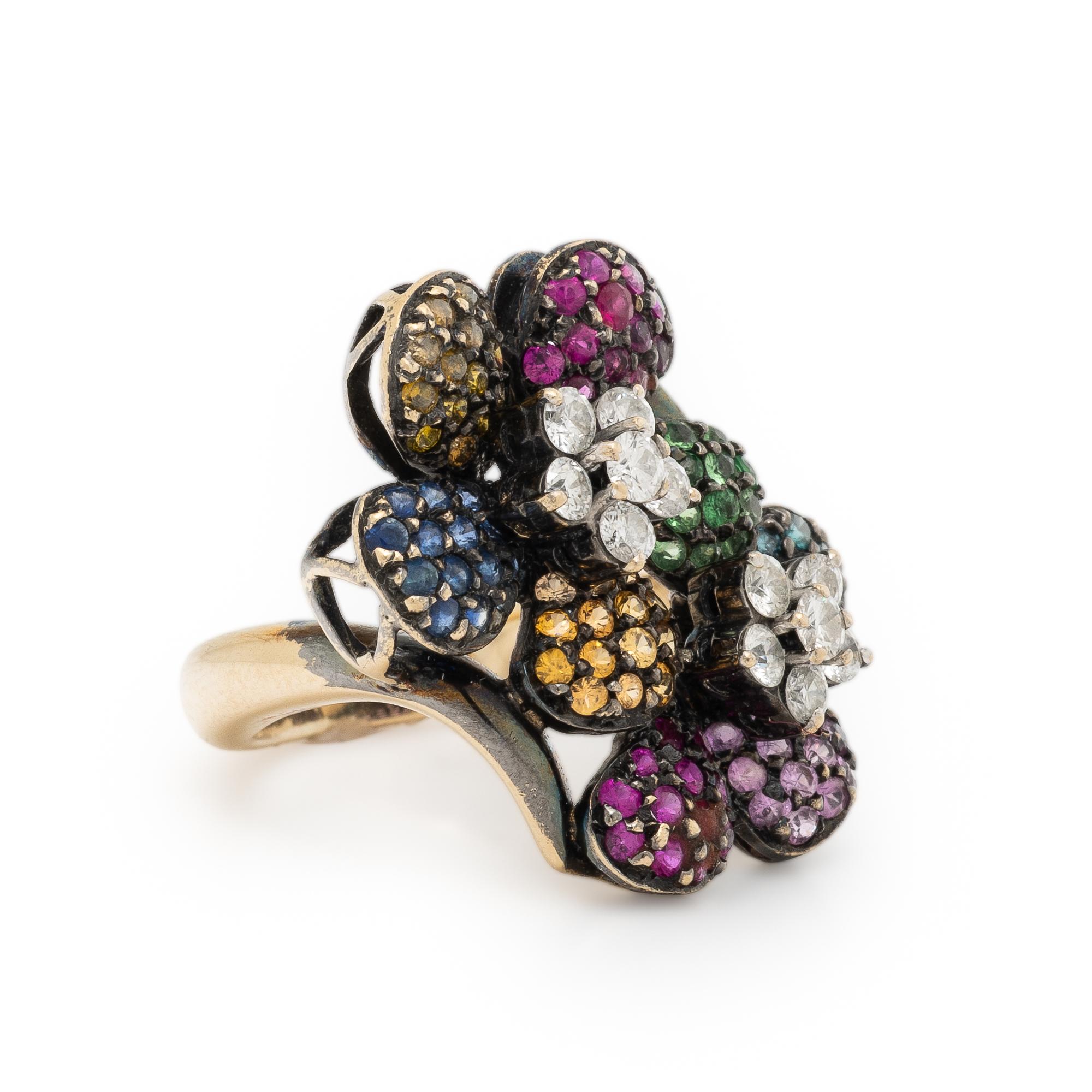 Multigem, Diamond, and Bicolor Gold Flower Ring