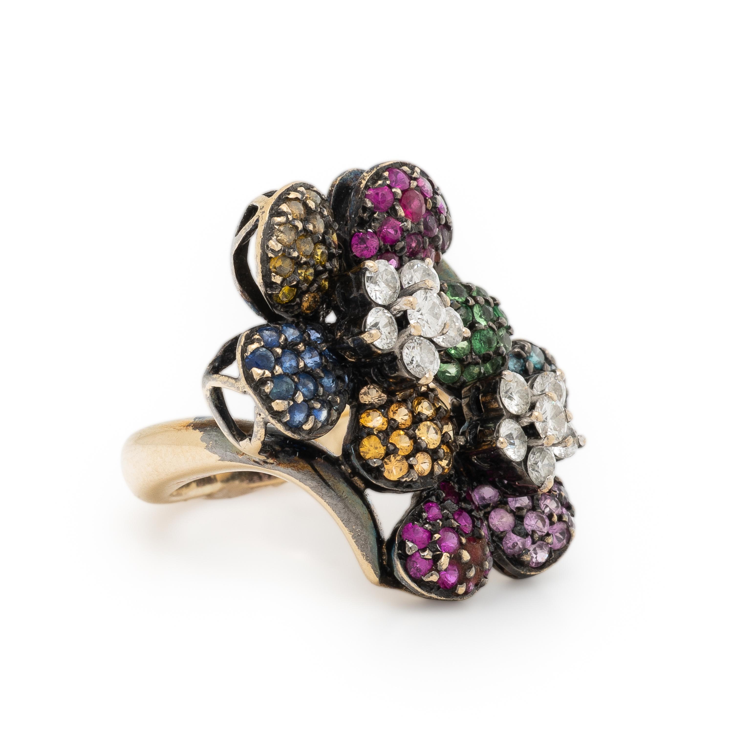 Multigem, Diamond, and Bicolor Gold Flower Ring