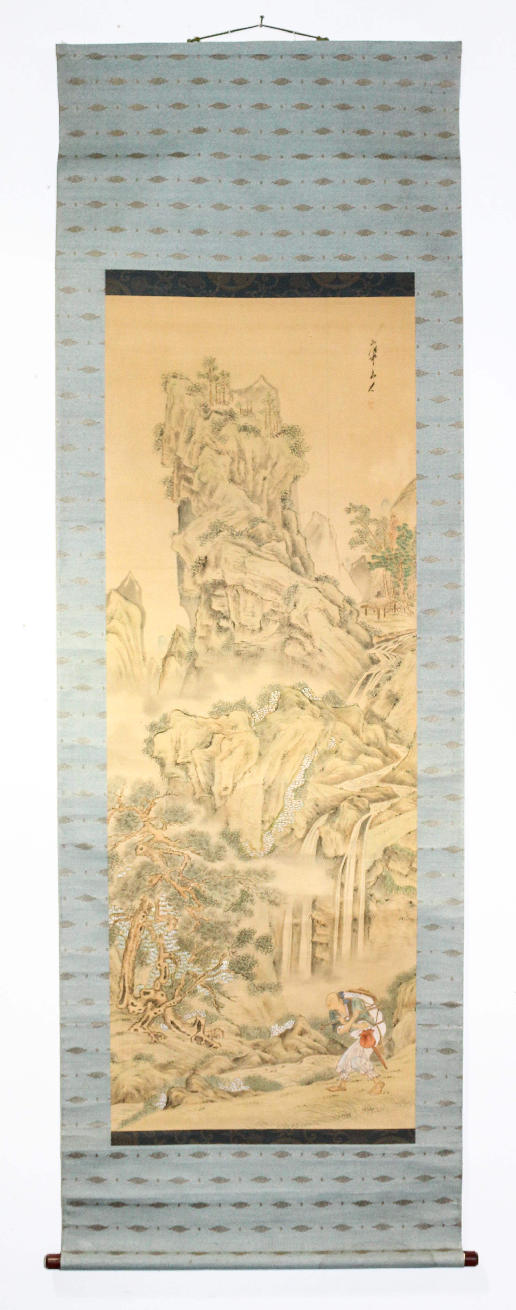 A Japanese Ink and Color Painting on Silk. Length 55 3/4 x width 19 1/2 inches.