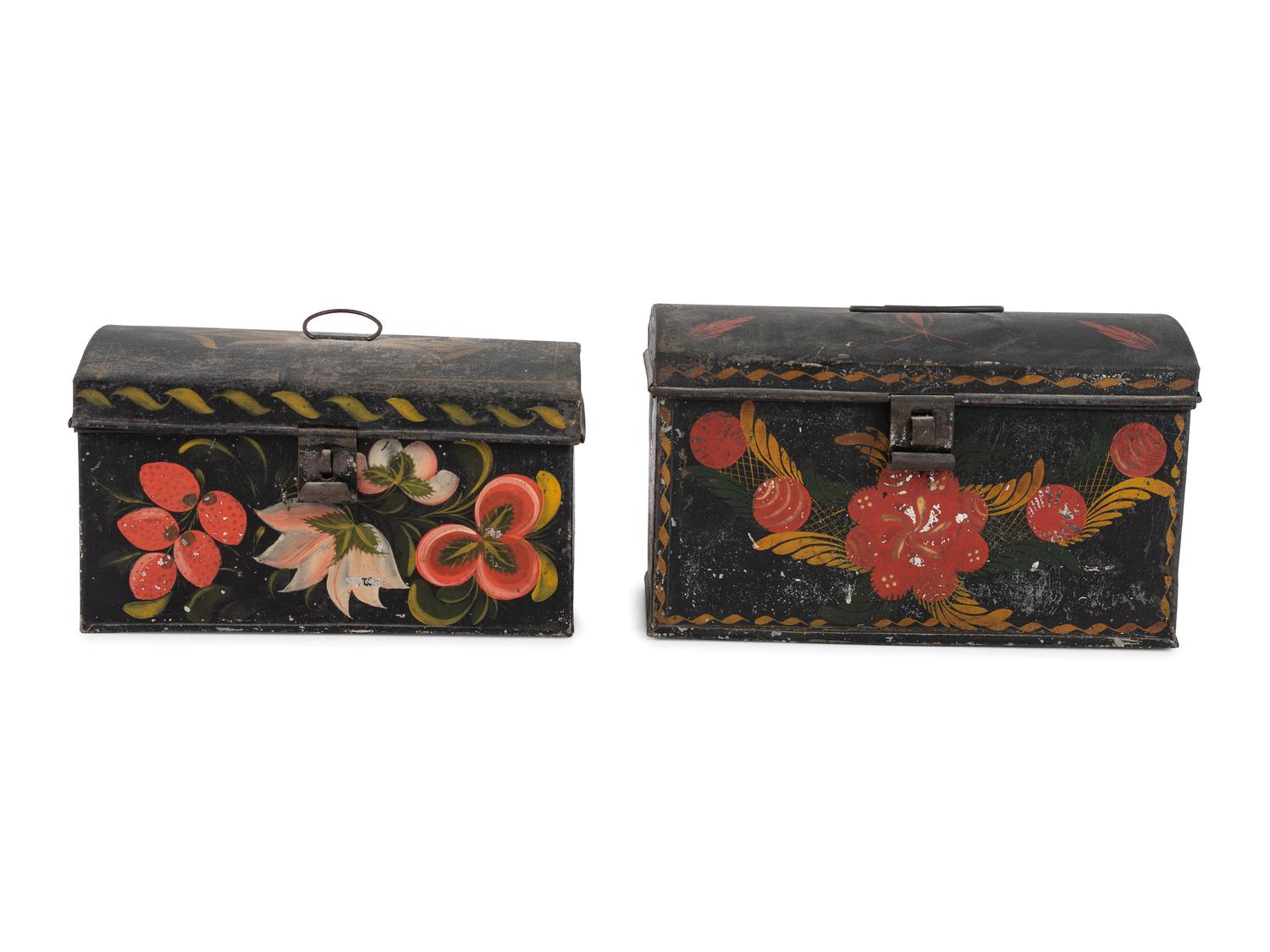 Two Polychrome and Stenciled Toleware Boxes