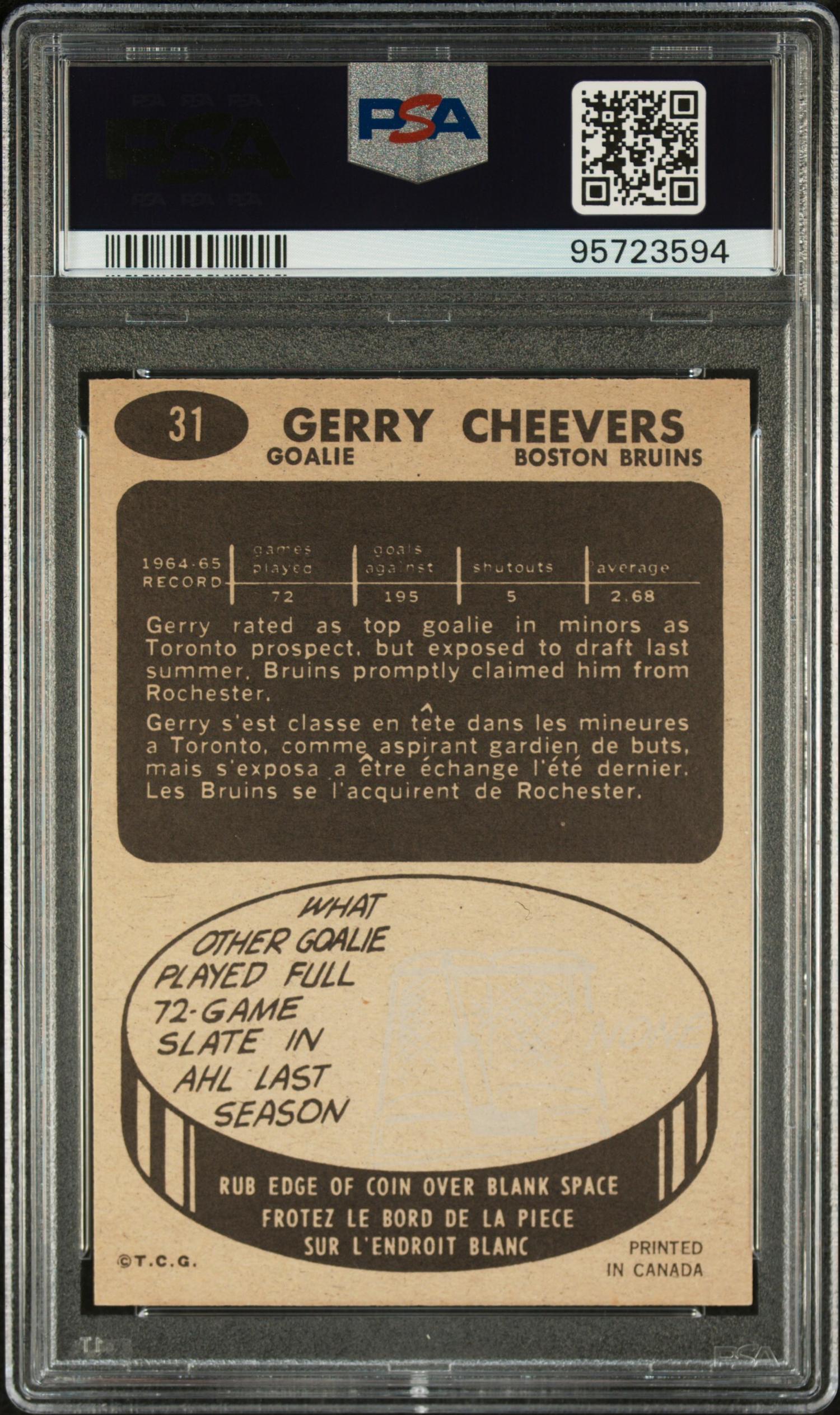 A 1965 Topps Gerry Cheevers Rookie Hockey Card No. 31 (PSA 8 NM-MT)