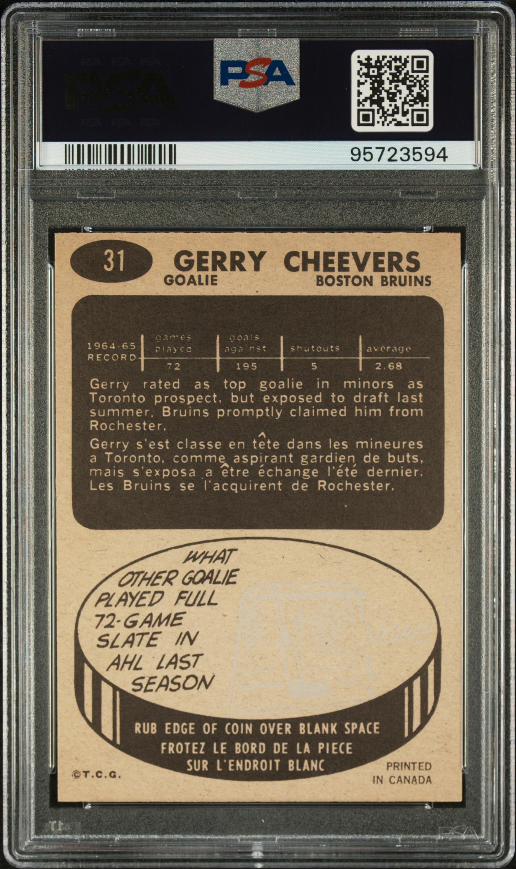 A 1965 Topps Gerry Cheevers Rookie Hockey Card No. 31 (PSA 8 NM-MT)