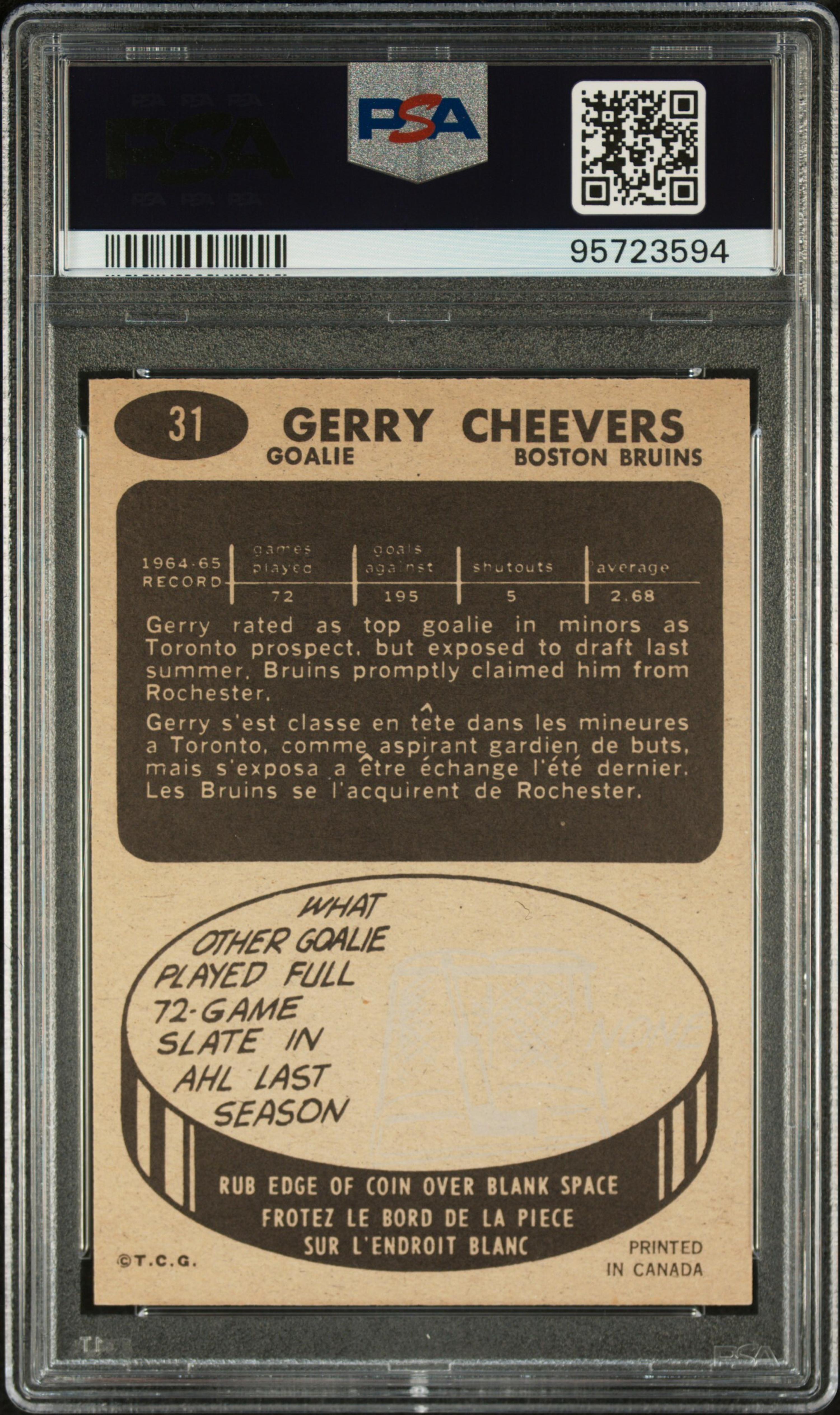 A 1965 Topps Gerry Cheevers Rookie Hockey Card No. 31 (PSA 8 NM-MT)