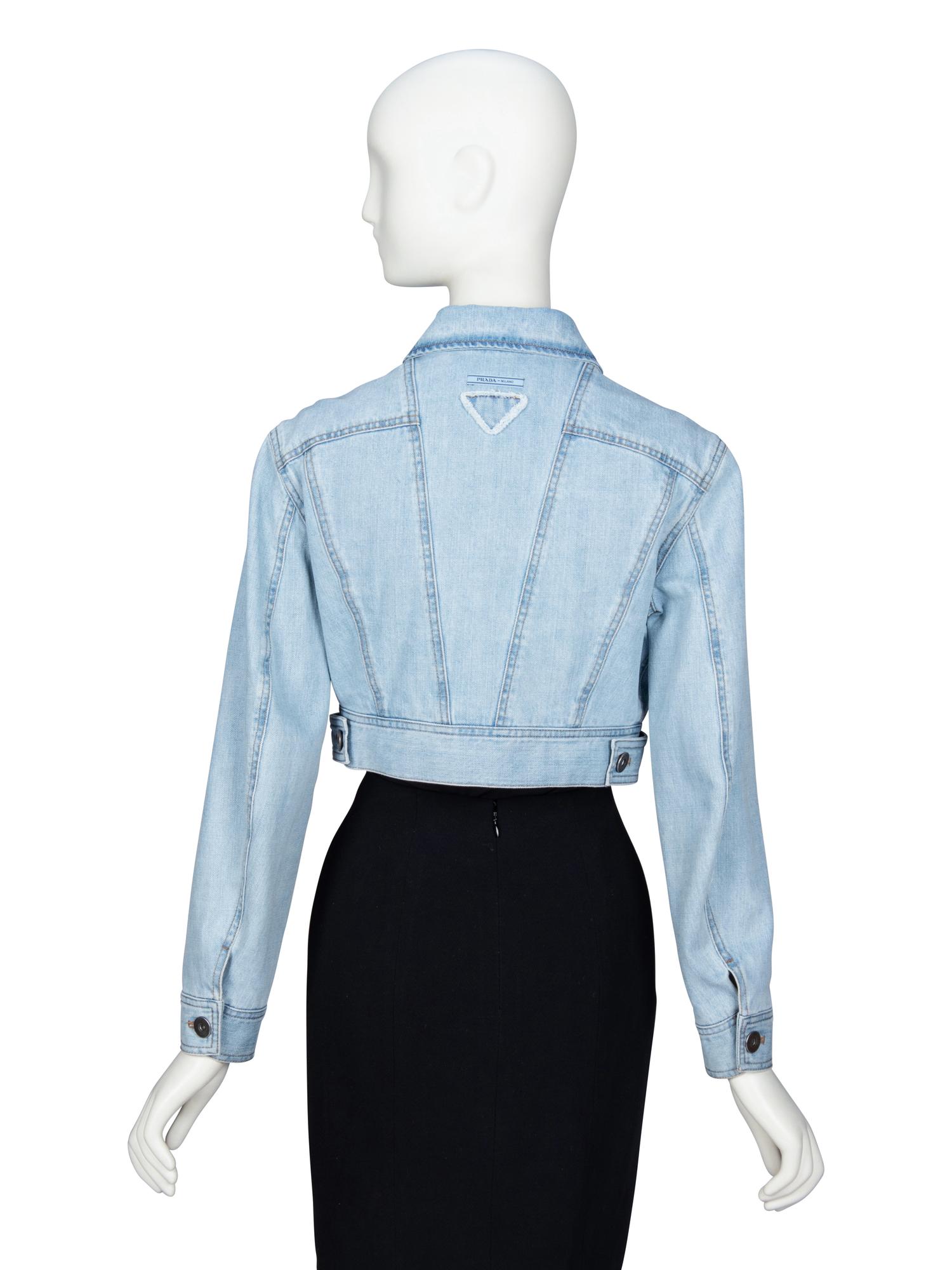 PRADA, FEATHER COLLAR CROP DENIM JACKET