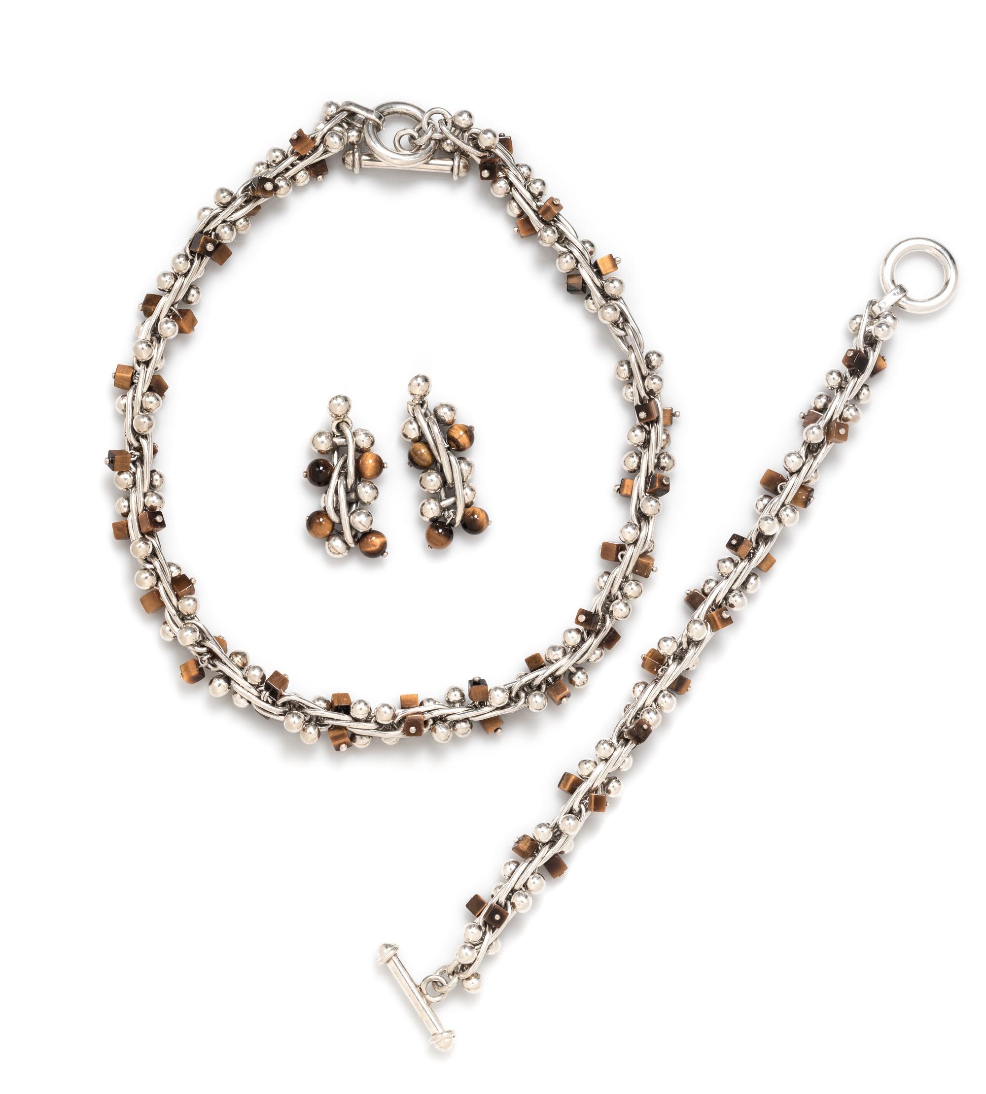 A Sterling Silver and Tiger's Eye Demi-Parure, Mexico, 111.75 dwts.