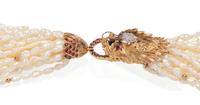 DIAMOND, RUBY, SAPPHIRE AND CULTURED PEARL DRAGON TORSADE NECKLACE