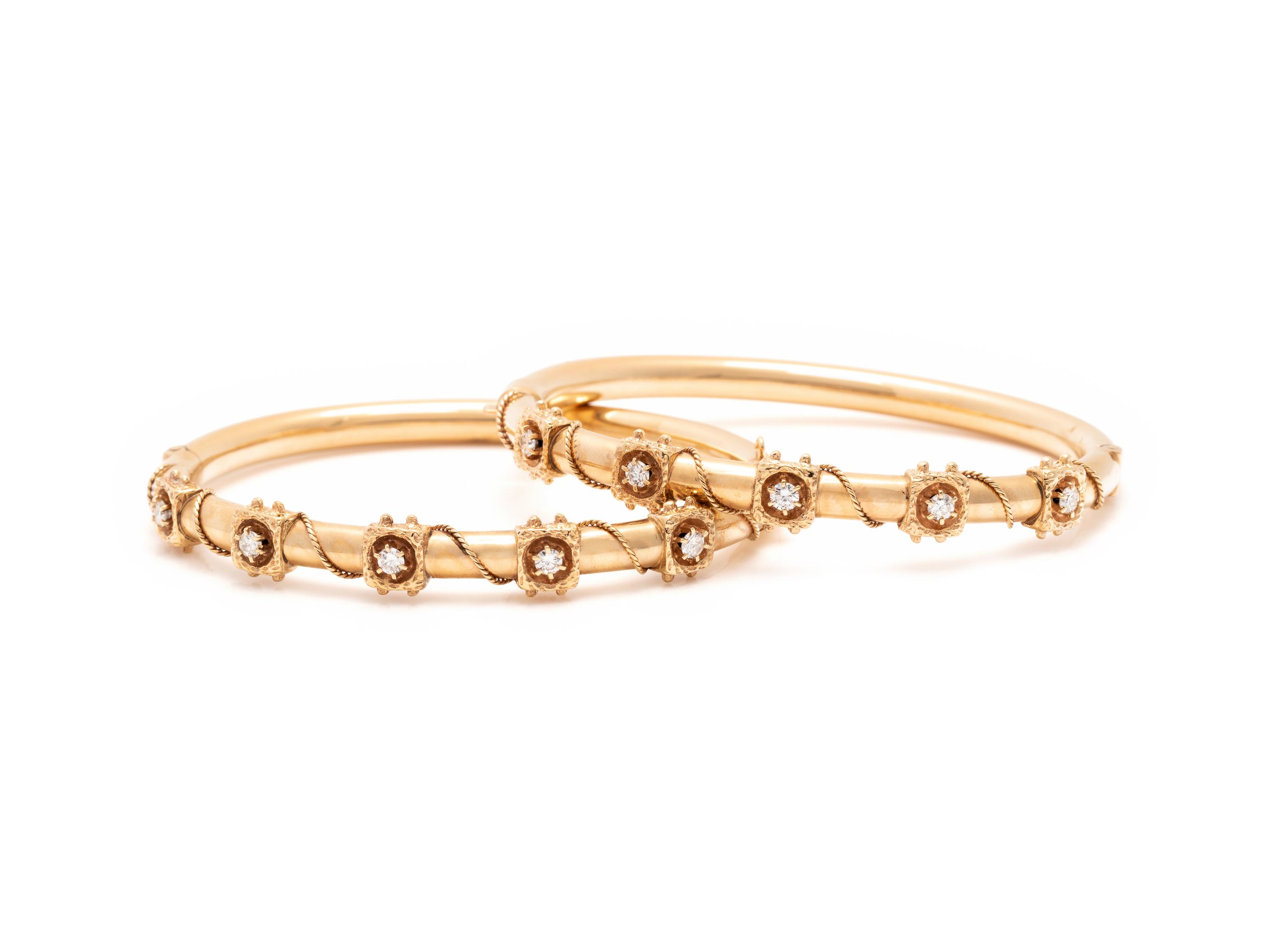 PAIR OF YELLOW GOLD AND DIAMOND BANGLE BRACELETS