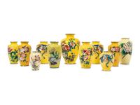 11 Japanese Yellow Ground Cloisonné Enamel and Embossed Foil 'Ginbari' Vases