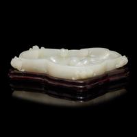 A Chinese White Jade 'Peach and Bat' Washer 白玉云蝠壽桃紋筆洗