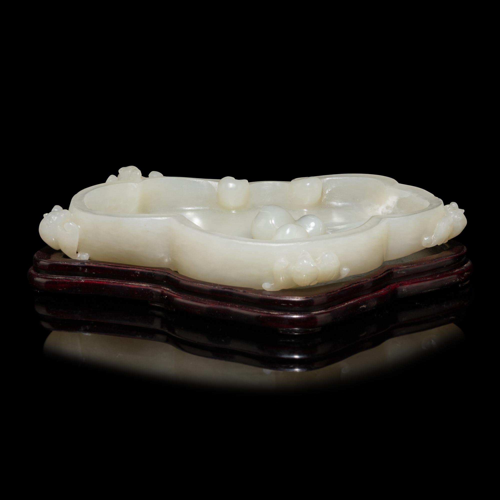 A Chinese White Jade 'Peach and Bat' Washer 白玉云蝠壽桃紋筆洗