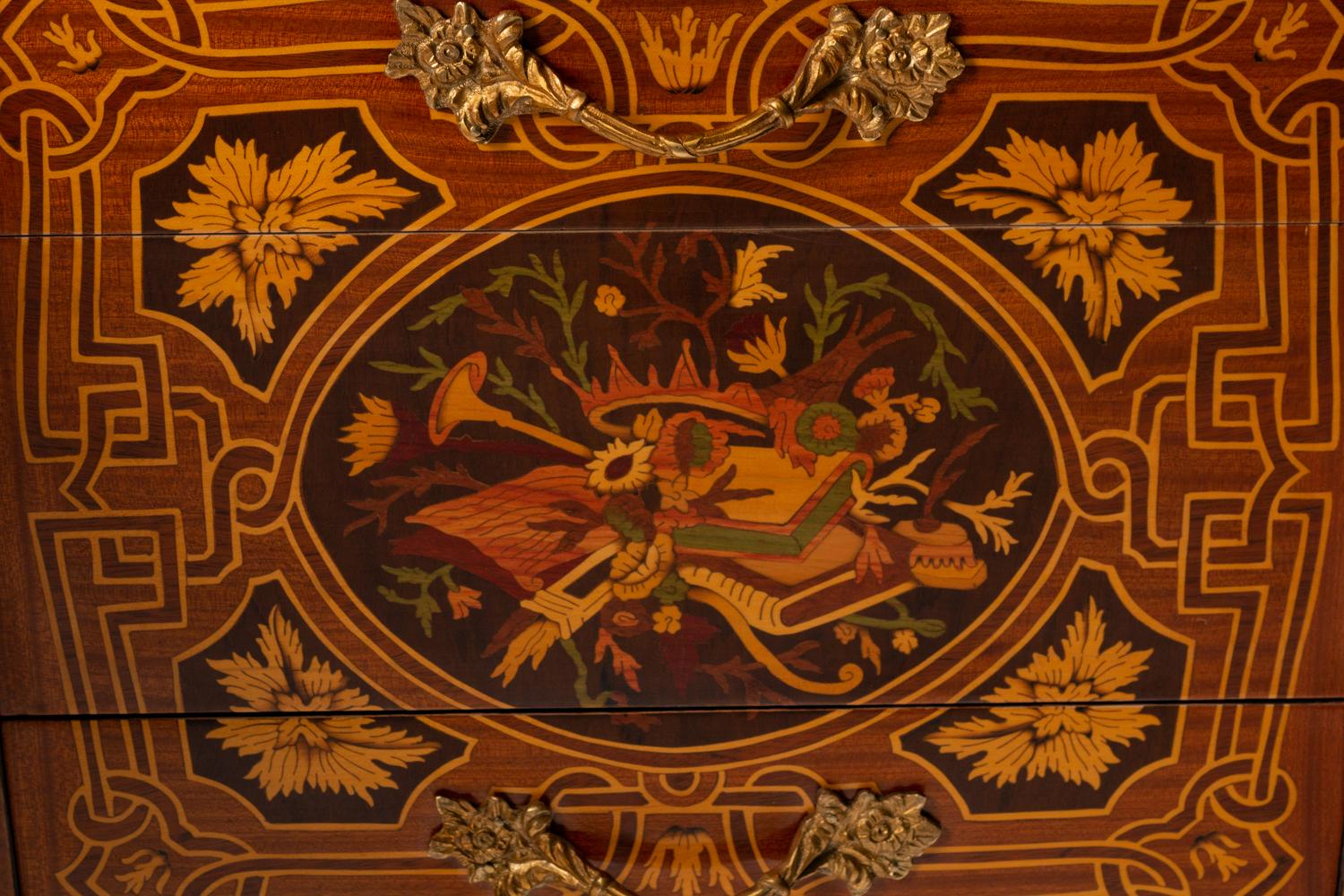 A Pair of Louis XV Style Gilt-Bronze-Mounted Marquetry Side Cabinets