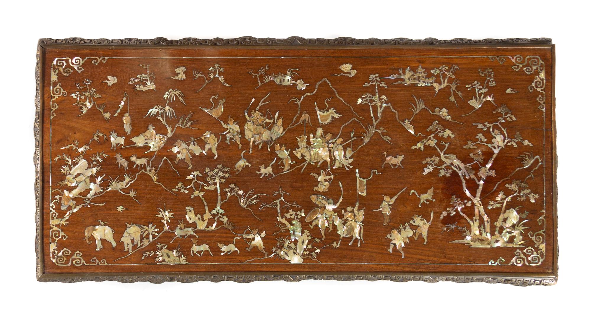 A Chinese Export Mother-of-Pearl Inlaid Huanghuali and Metal Table