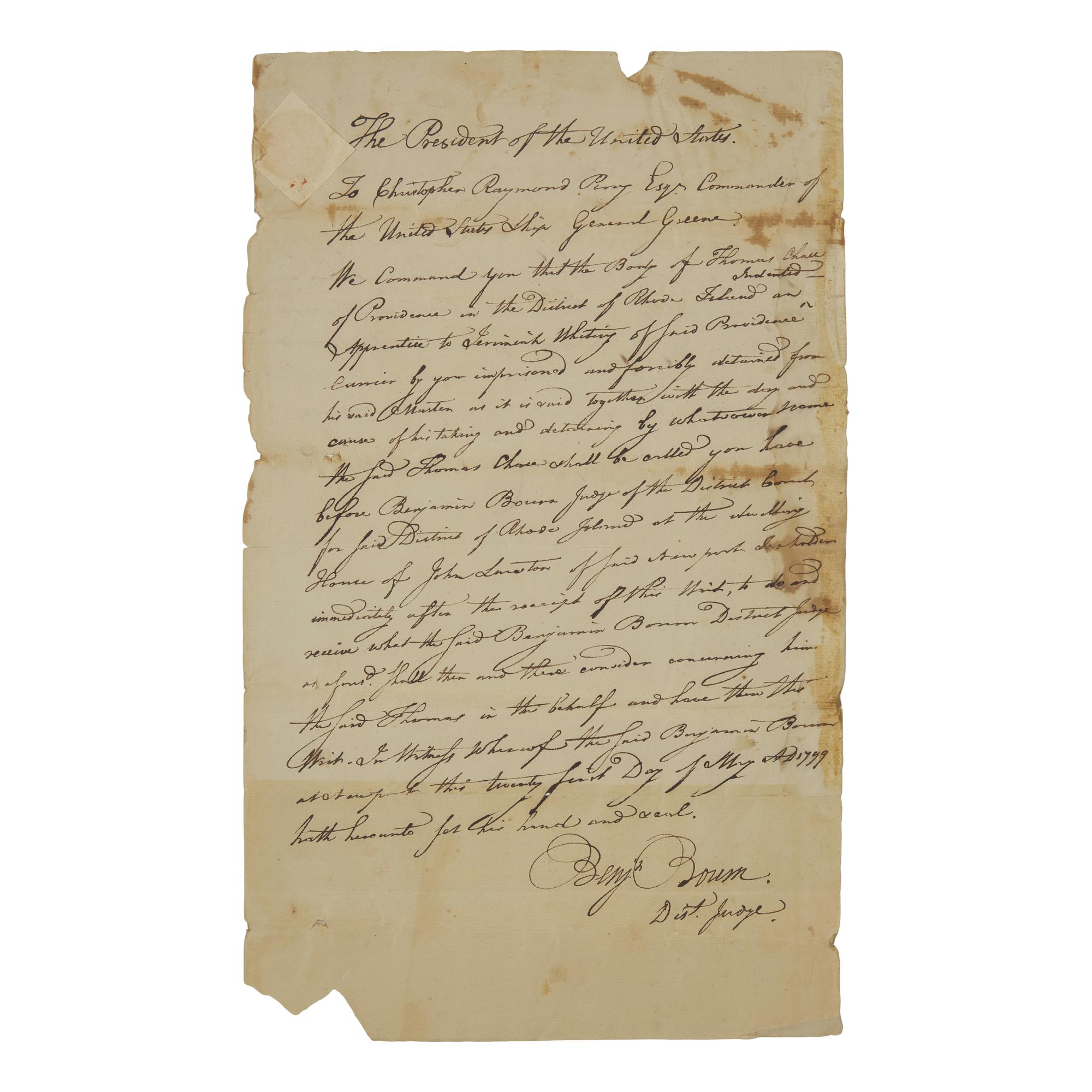 [Americana] Perry, Christopher Raymond. Autograph document, signed