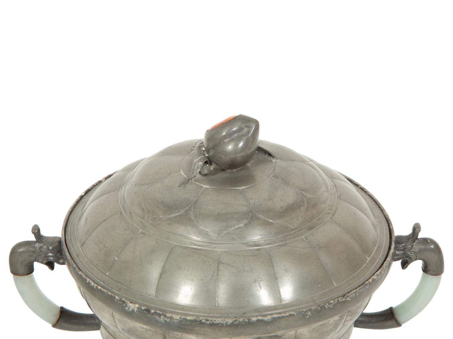 A Chinese Hardstone Mounted Pewter Covered Vessel and a Porcelain Covered Condiment Bowl