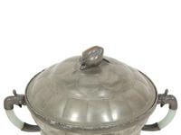 A Chinese Hardstone Mounted Pewter Covered Vessel and a Porcelain Covered Condiment Bowl