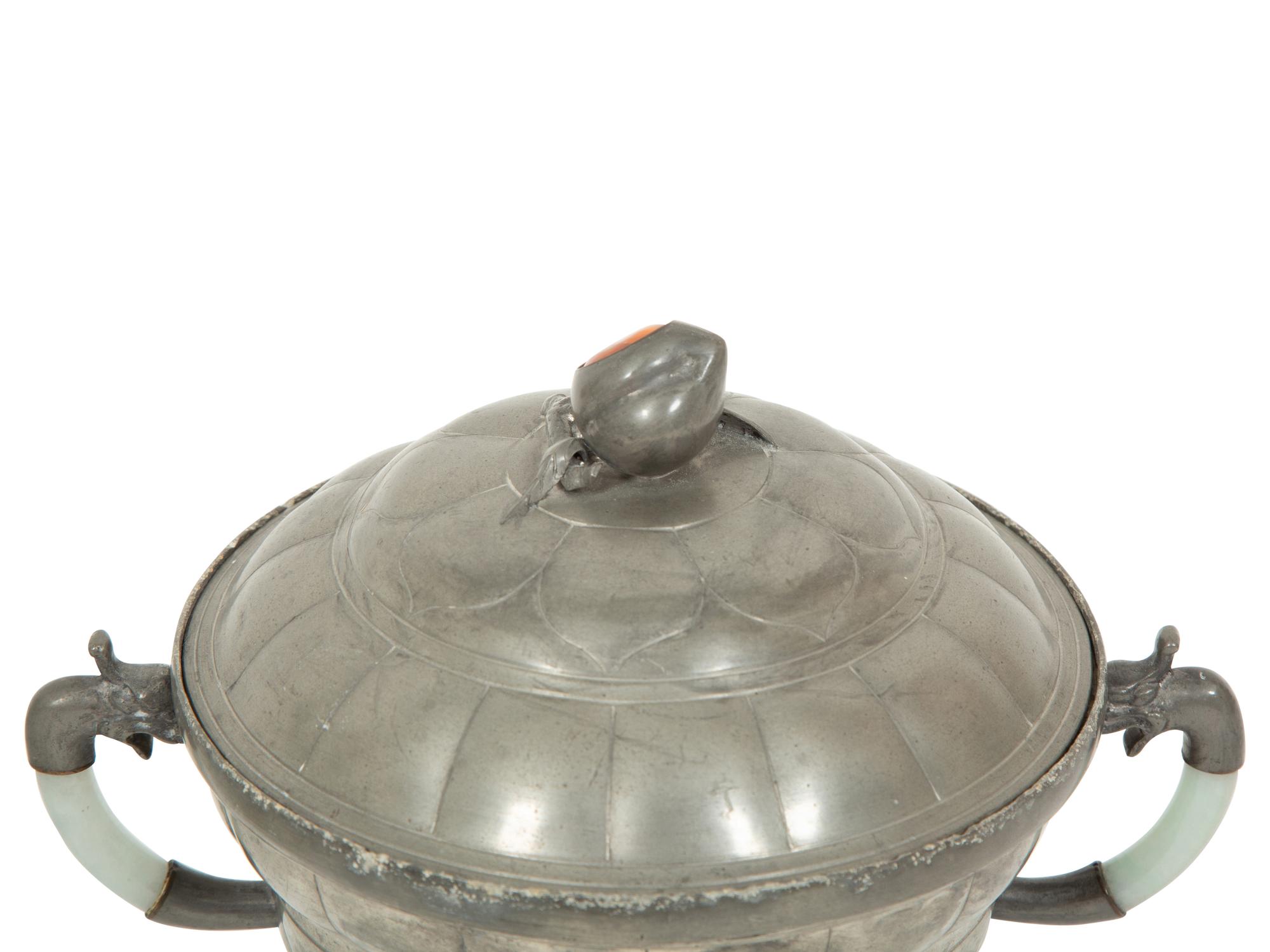 A Chinese Hardstone Mounted Pewter Covered Vessel and a Porcelain Covered Condiment Bowl