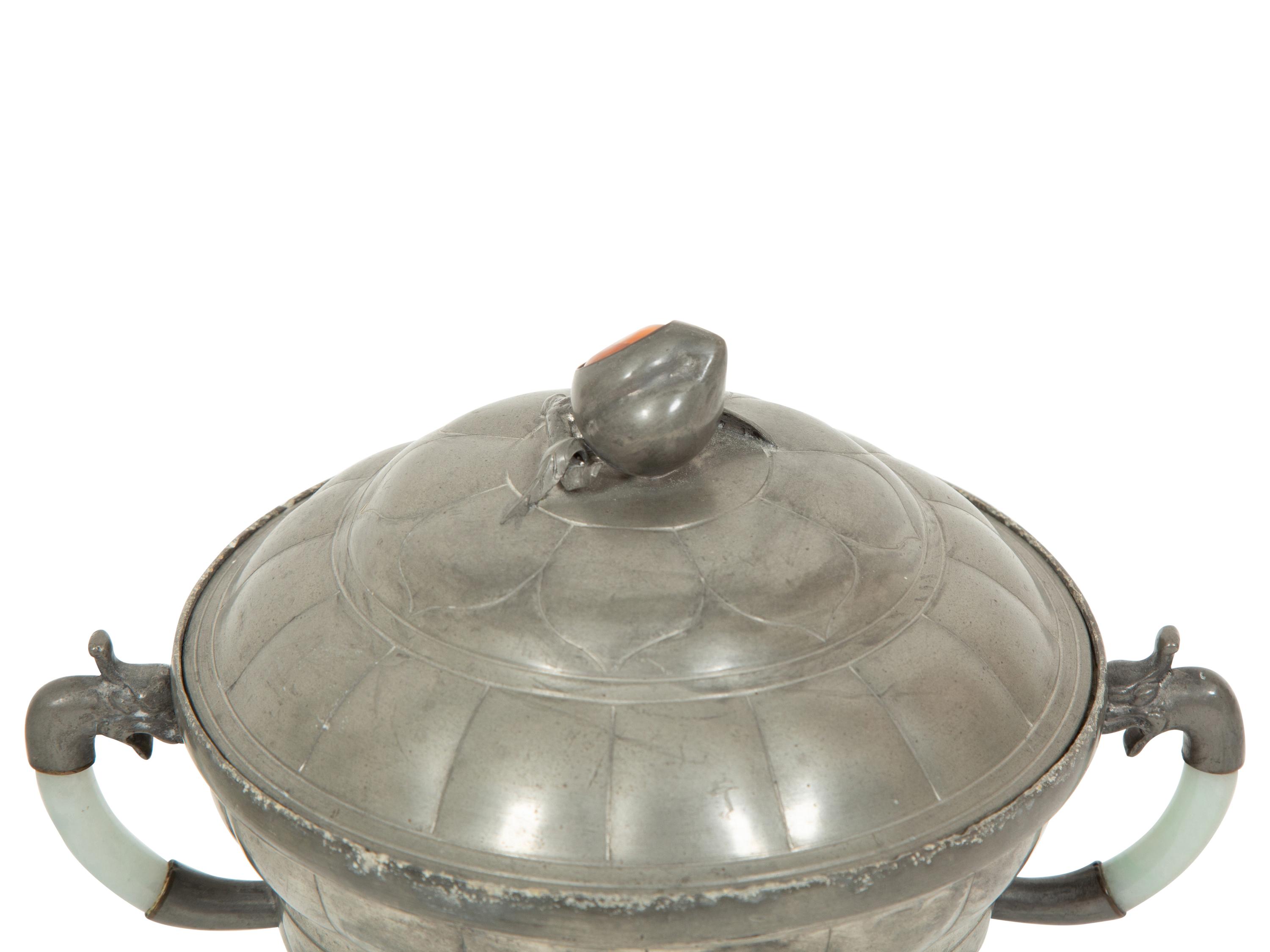 A Chinese Hardstone Mounted Pewter Covered Vessel and a Porcelain Covered Condiment Bowl