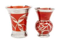 Two German Silver Overlay Porcelain Vases Height of tallest 4 7/8 inches.