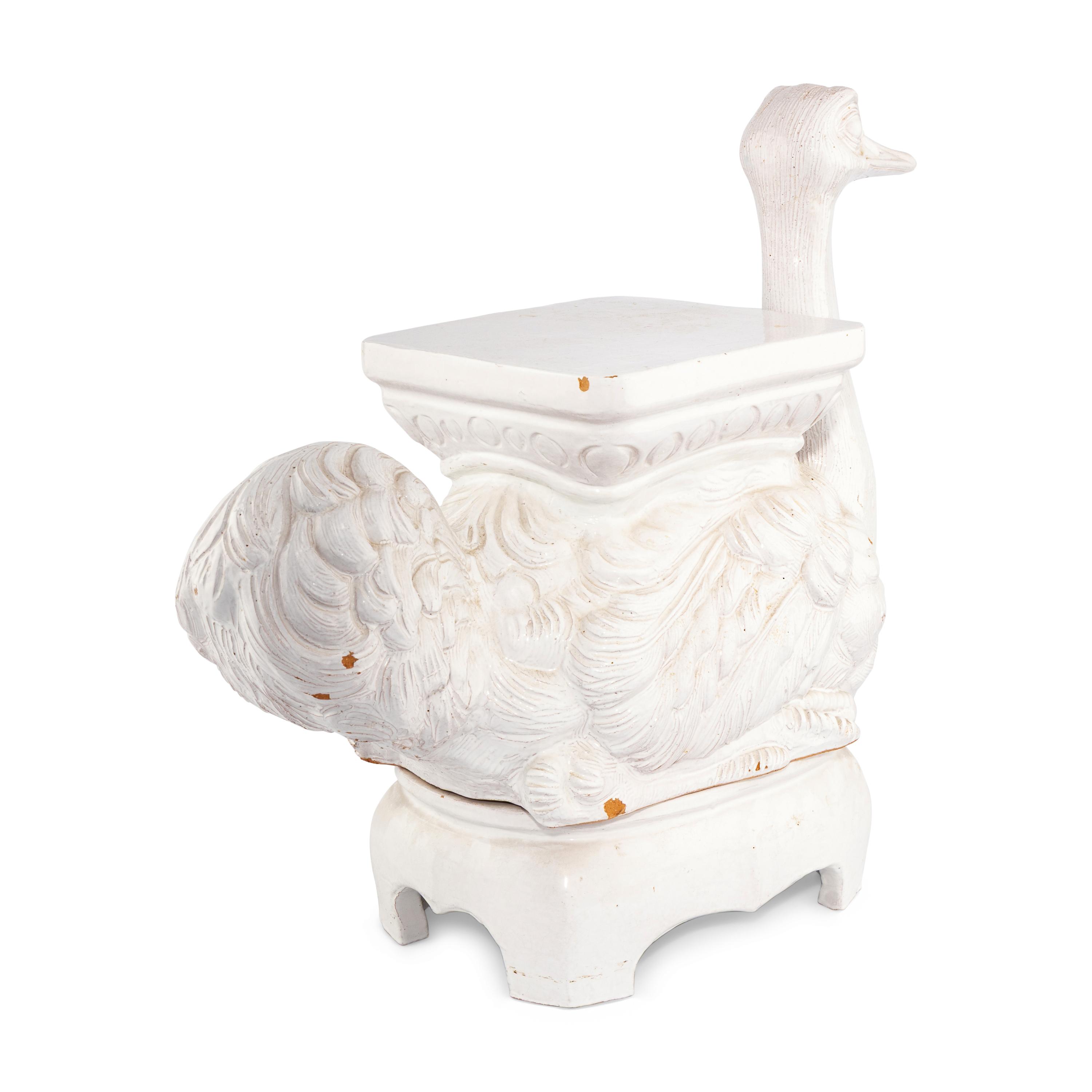 An Italian White-Glazed Earthenware Ostrich-Form Stool