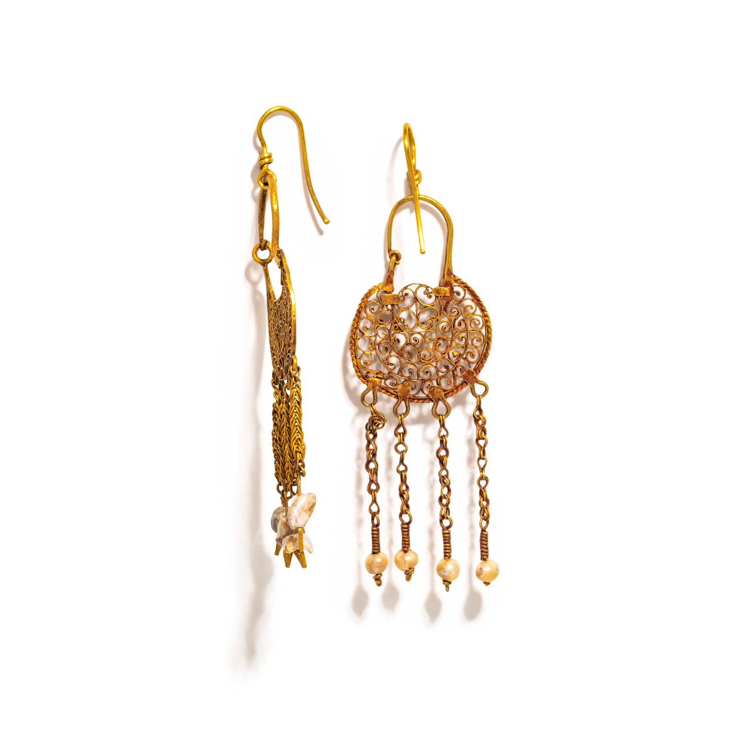 A Pair of Byzantine Gold and Pearl Openwork Earrings